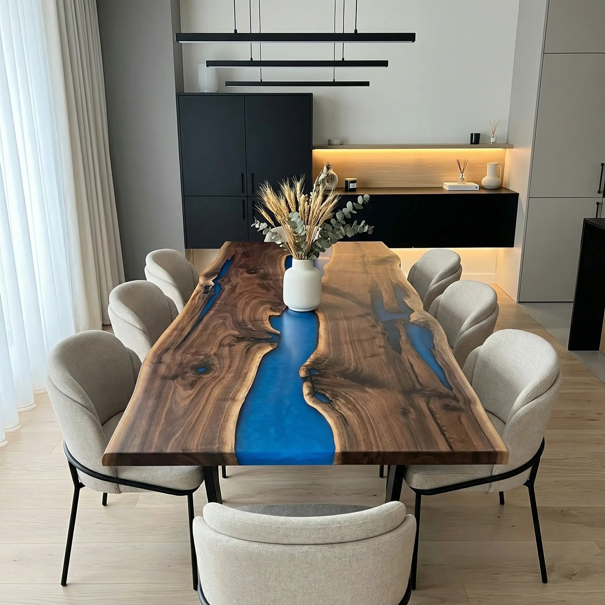 Custom Black Walnut Epoxy Resin River Table Blue Resin JXT-83 - image 3 | ThawHome