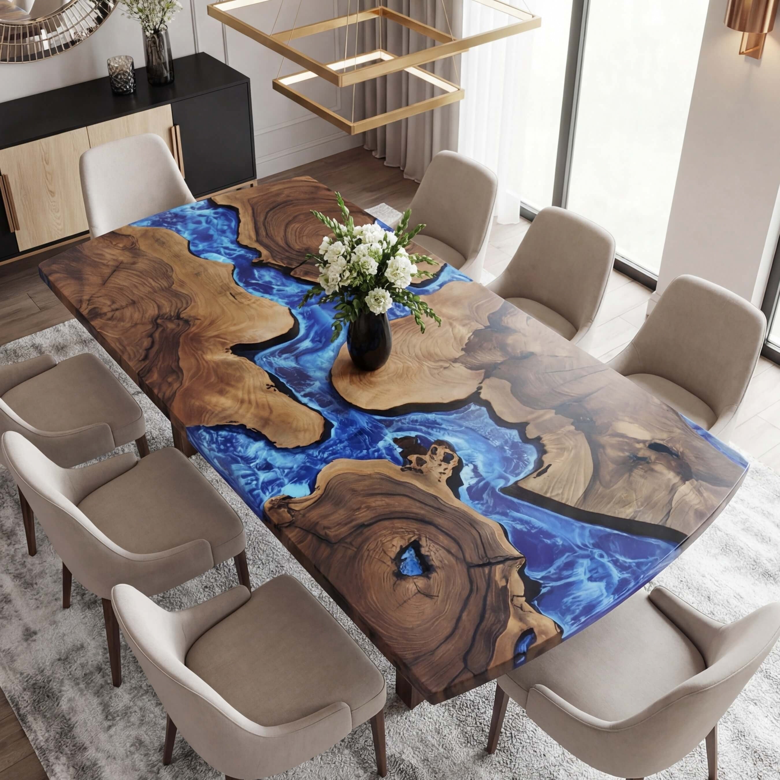Custom Black Walnut Epoxy Resin River Table Blue Waves ART-28 - image 3 | ThawHome
