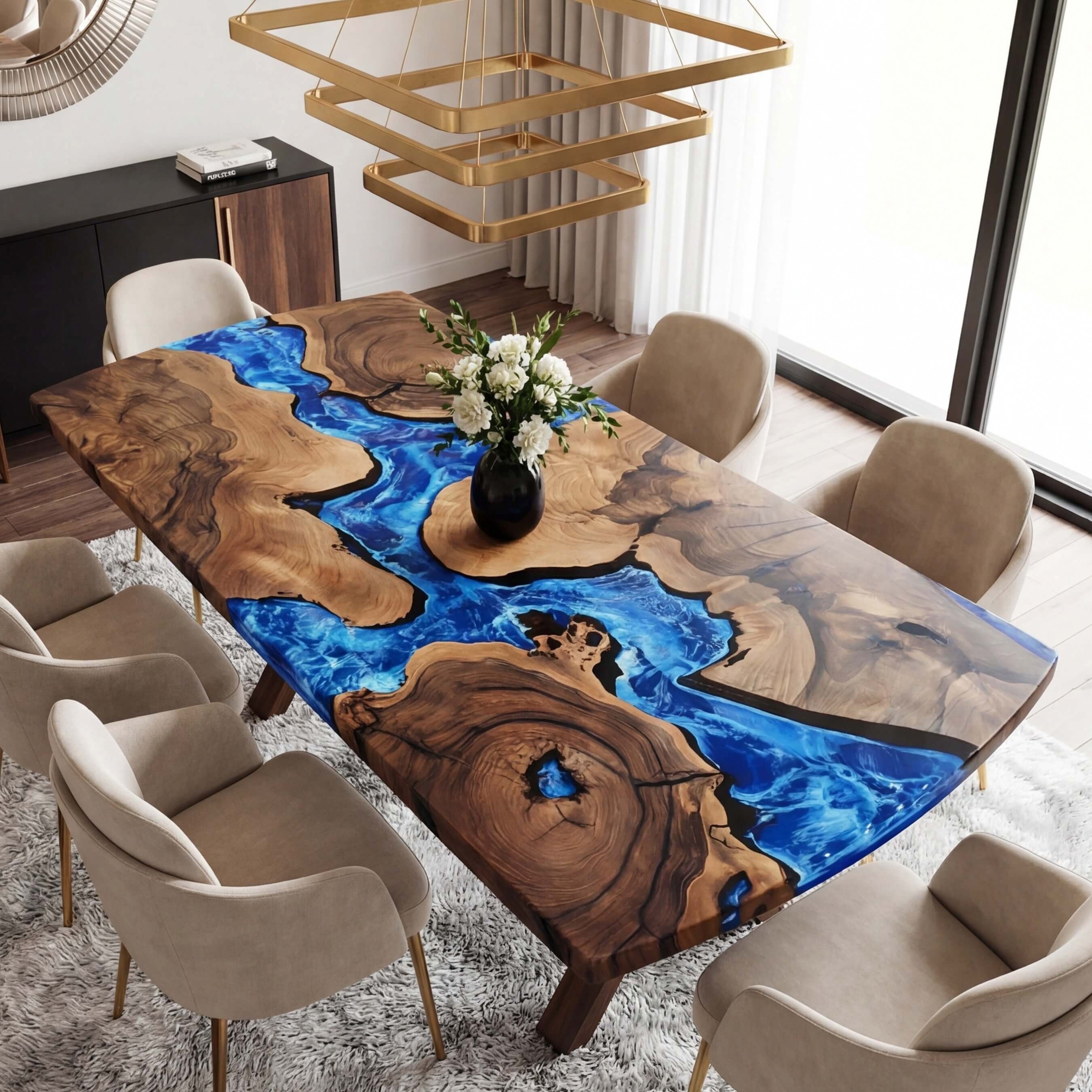 Custom Black Walnut Epoxy Resin River Table Blue Waves ART-28 - image 1 | ThawHome