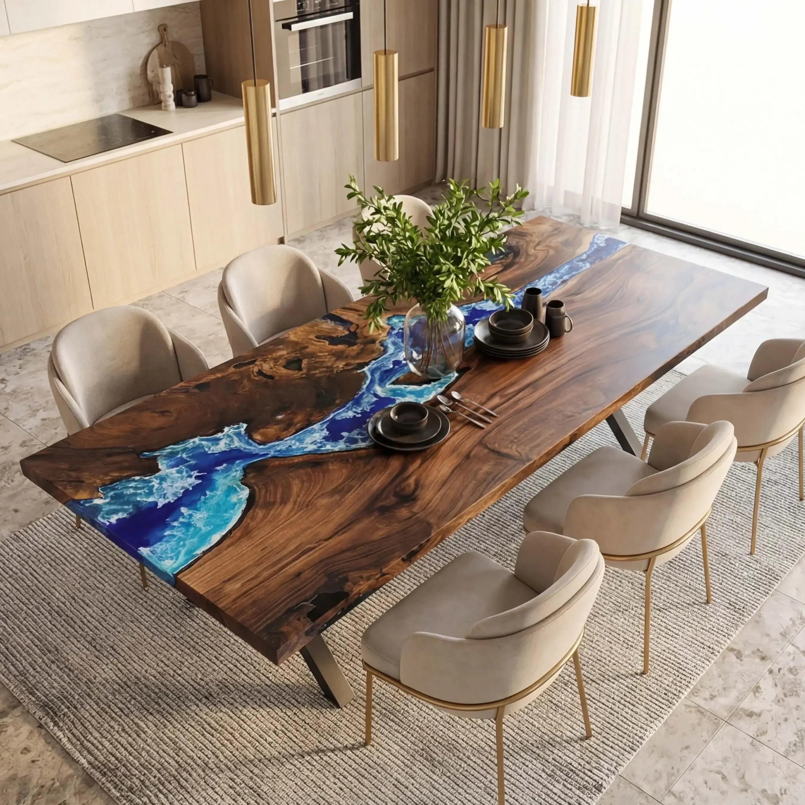 Custom Black Walnut Epoxy Resin River Table Blue Waves ERD-38 - image 1 | ThawHome