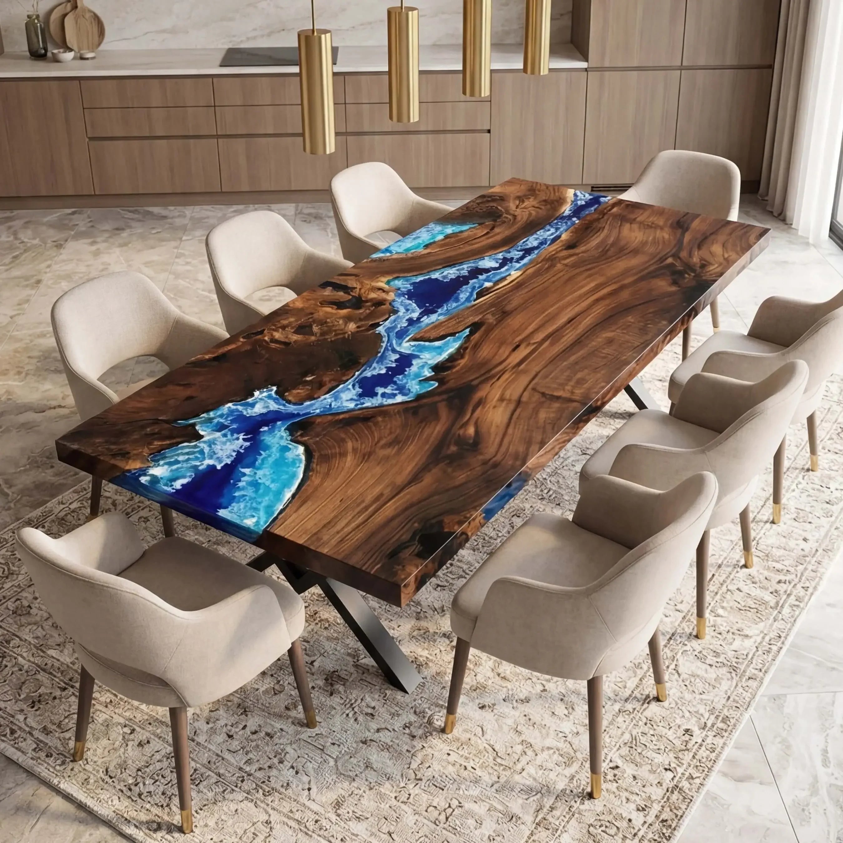 Custom Black Walnut Epoxy Resin River Table Blue Waves ERD-38 - image 2 | ThawHome
