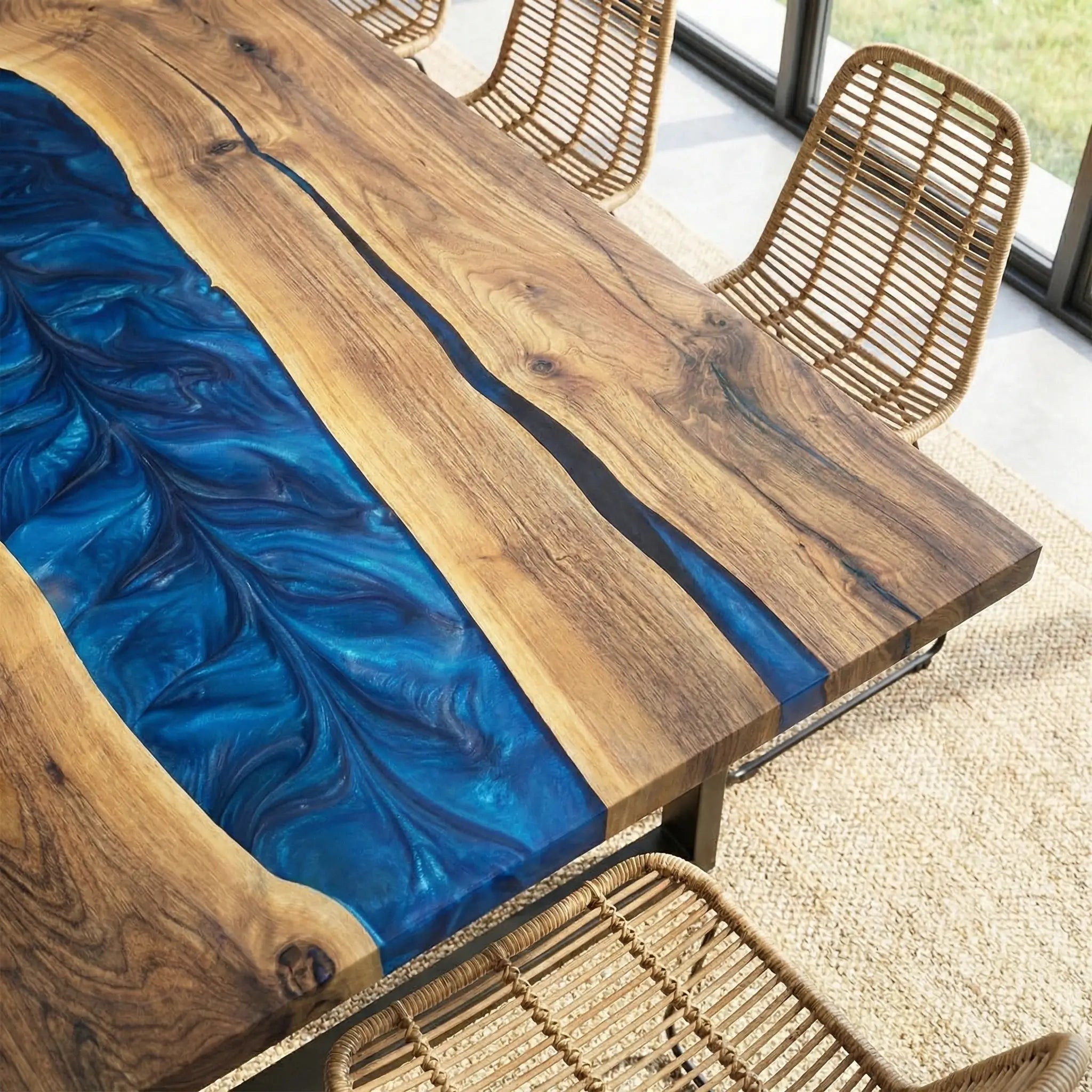 Custom Black Walnut Epoxy Resin River Table Blue Waves ORT-29 - image 5 | ThawHome