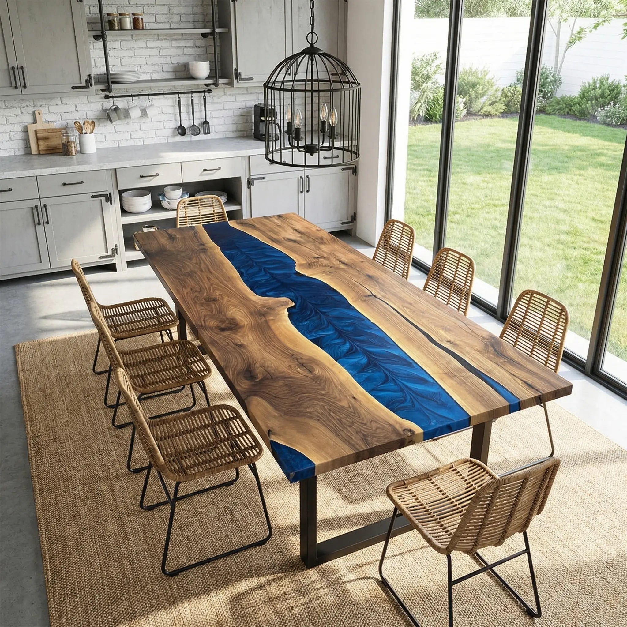 Custom Black Walnut Epoxy Resin River Table Blue Waves ORT-29 - image 2 | ThawHome