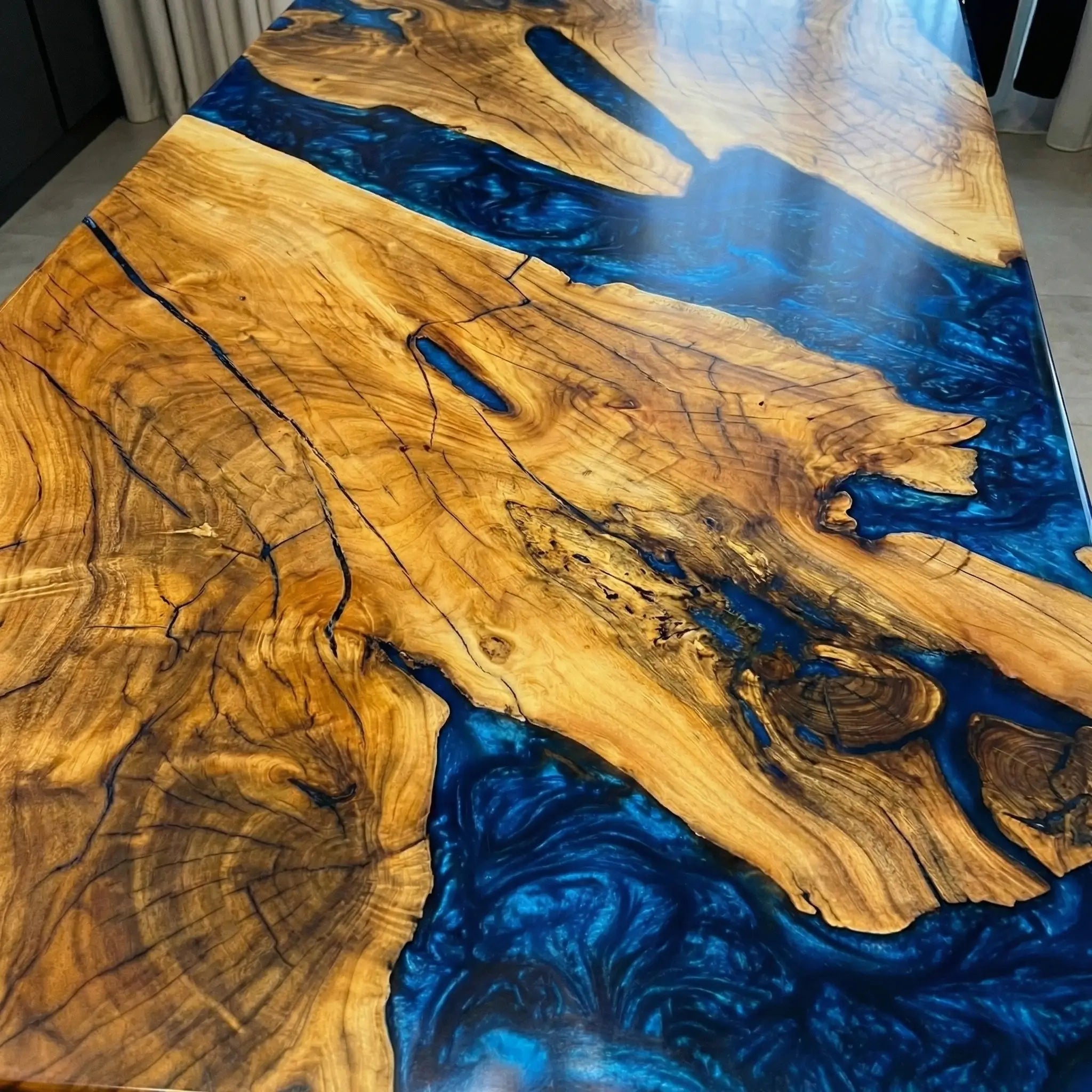 Custom Black Walnut Epoxy Resin River Table Blue Waves ORT-45 - image 6 | ThawHome