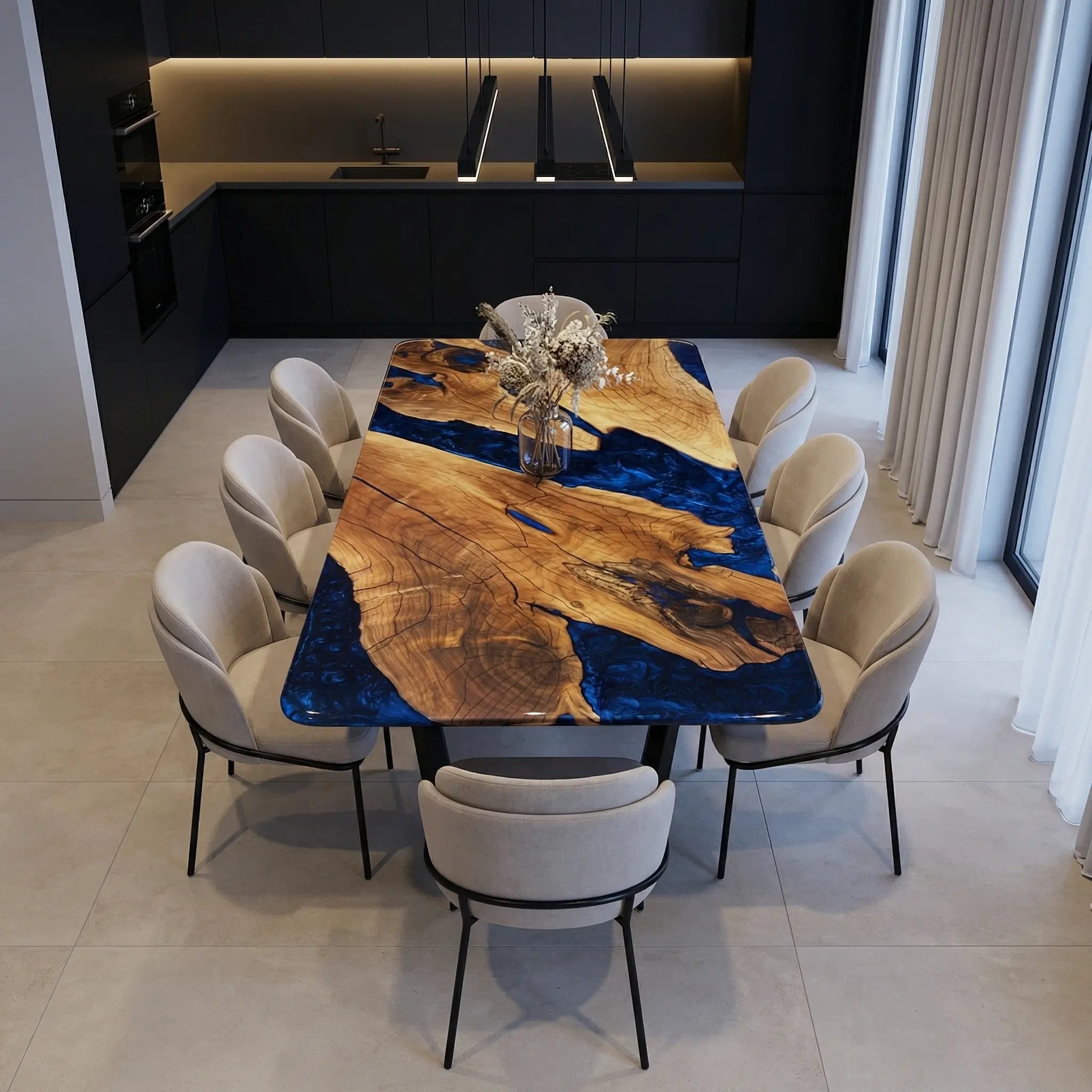 Custom Black Walnut Epoxy Resin River Table Blue Waves ORT-45 - image 3 | ThawHome