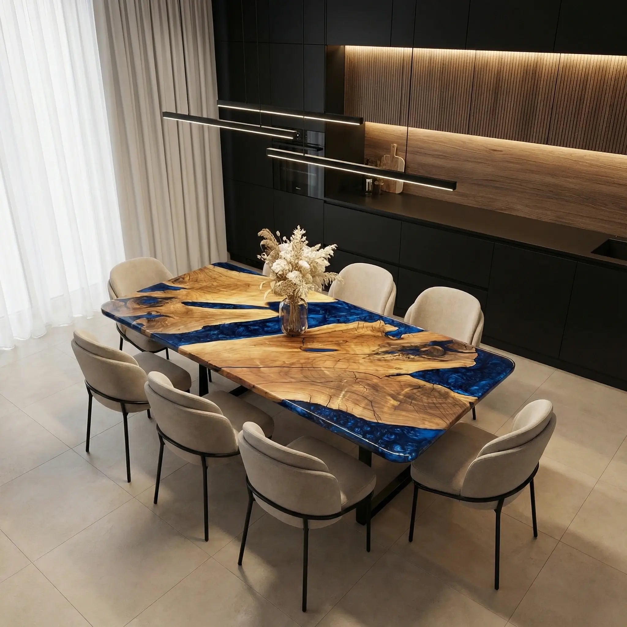 Custom Black Walnut Epoxy Resin River Table Blue Waves ORT-45 - image 1 | ThawHome