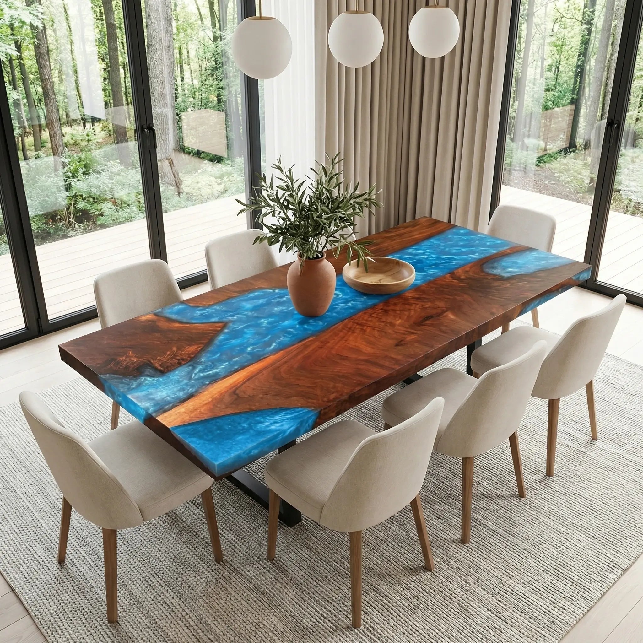 Custom Black Walnut Epoxy Resin River Table Blue Waves ZRT-57 - image 1 | ThawHome