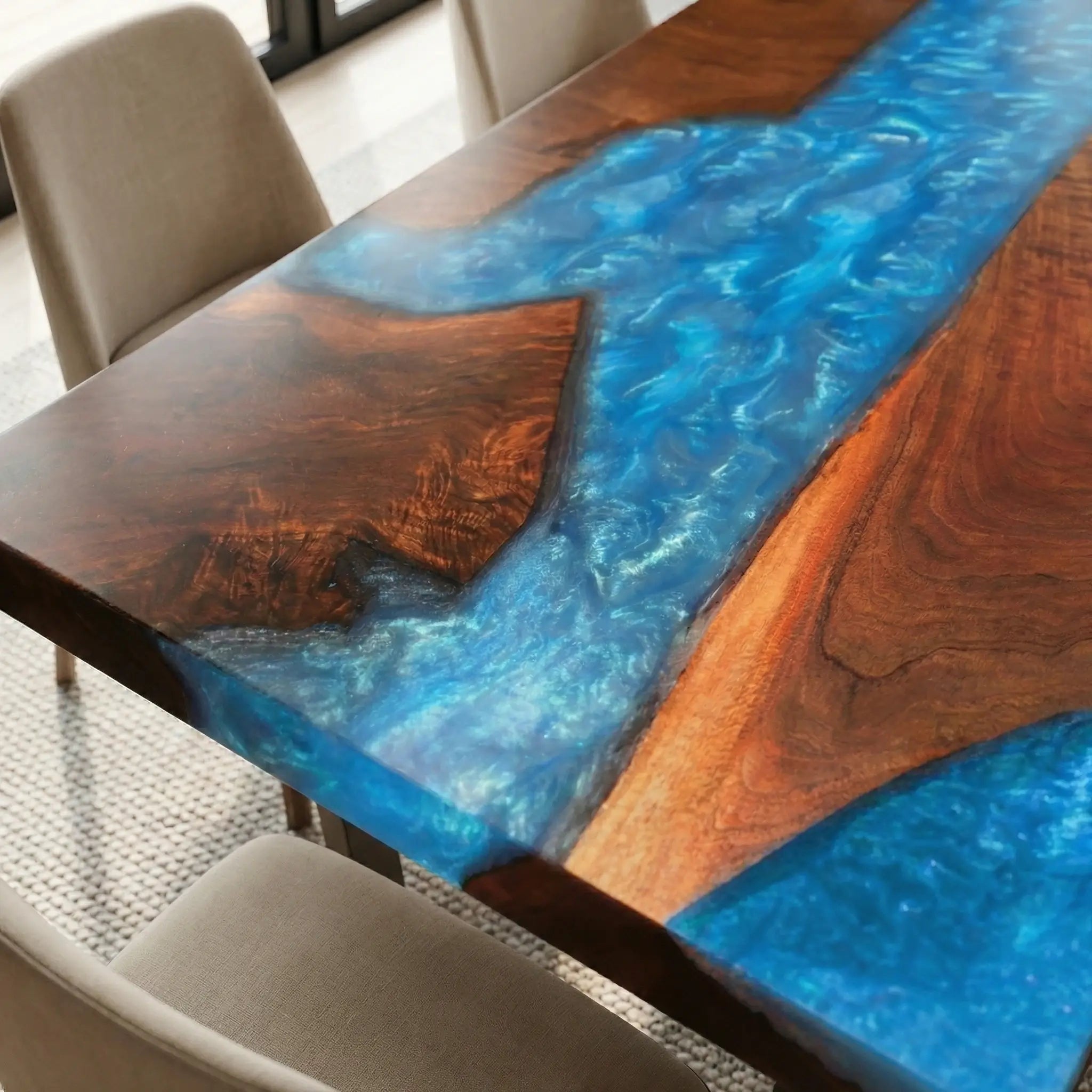 Custom Black Walnut Epoxy Resin River Table Blue Waves ZRT-57 - image 5 | ThawHome