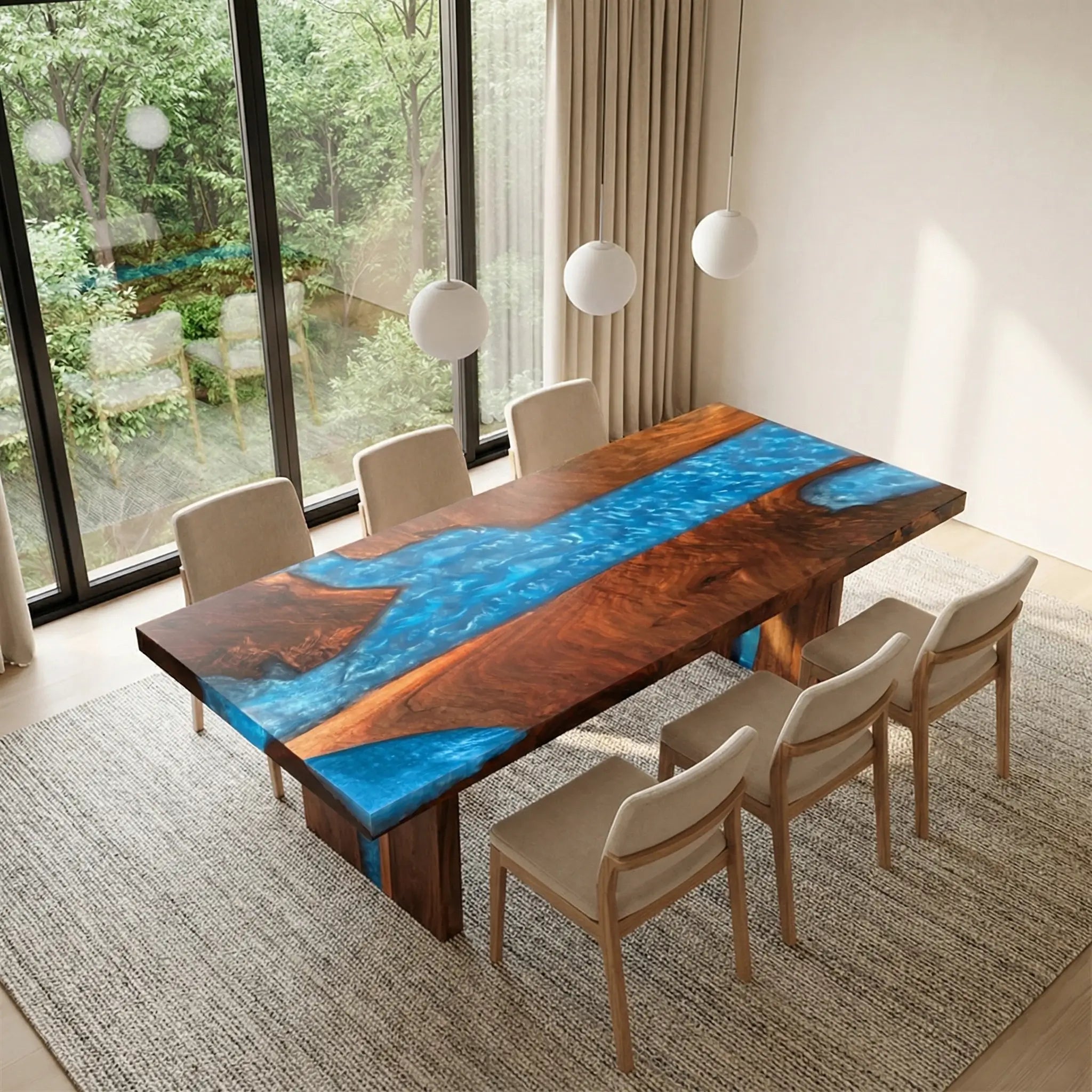 Custom Black Walnut Epoxy Resin River Table Blue Waves ZRT-57 - image 2 | ThawHome