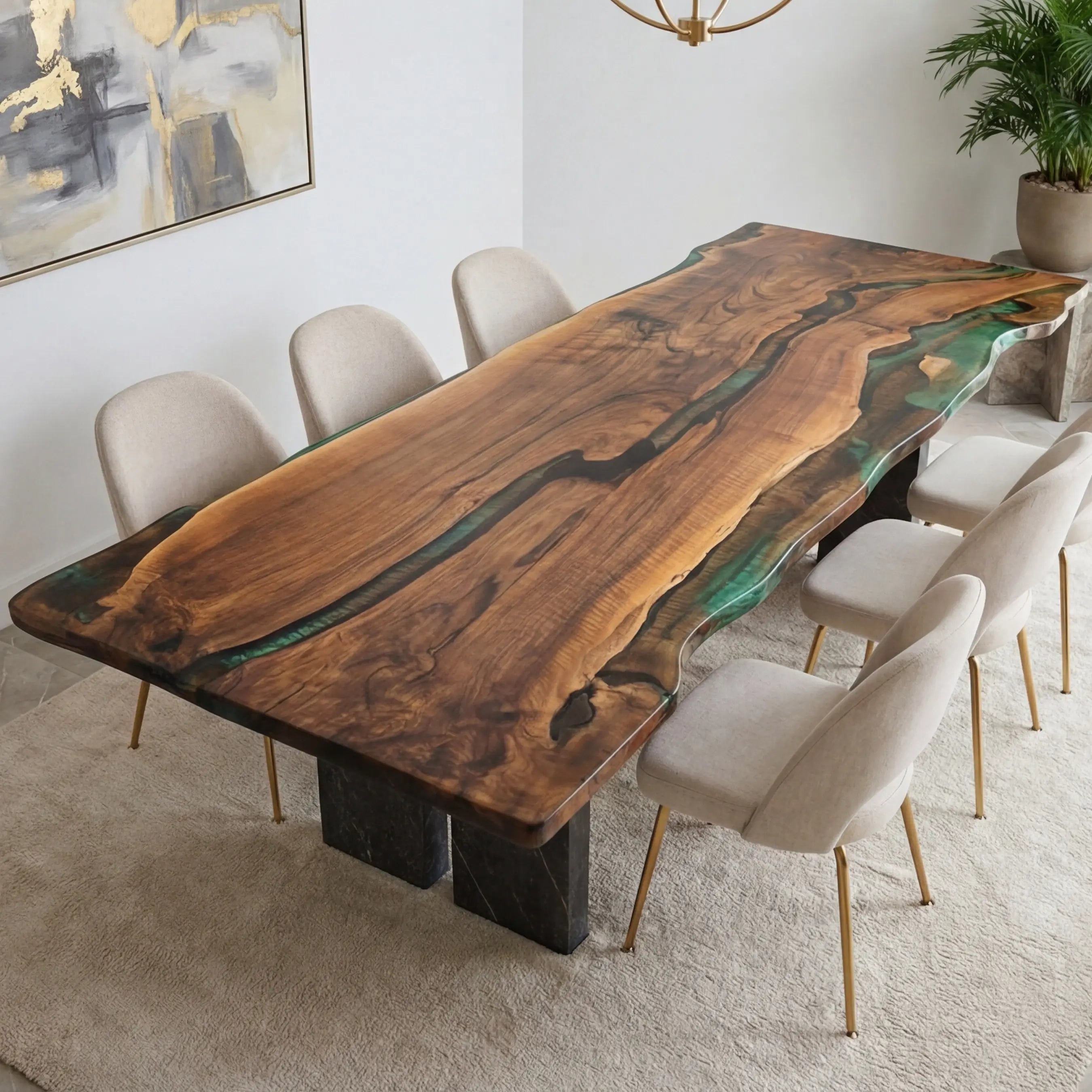 Custom Black Walnut Epoxy Resin River Table Gold Green WRT-75 - image 2 | ThawHome