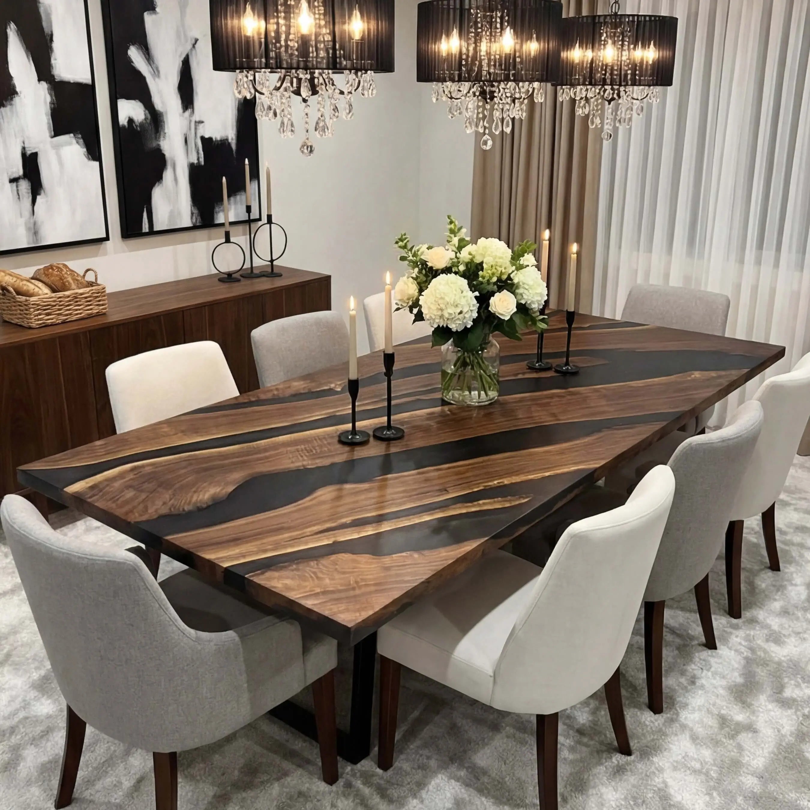 Custom Black Walnut Epoxy Resin River Table Gray Resin ERT-94 - image 1 | ThawHome