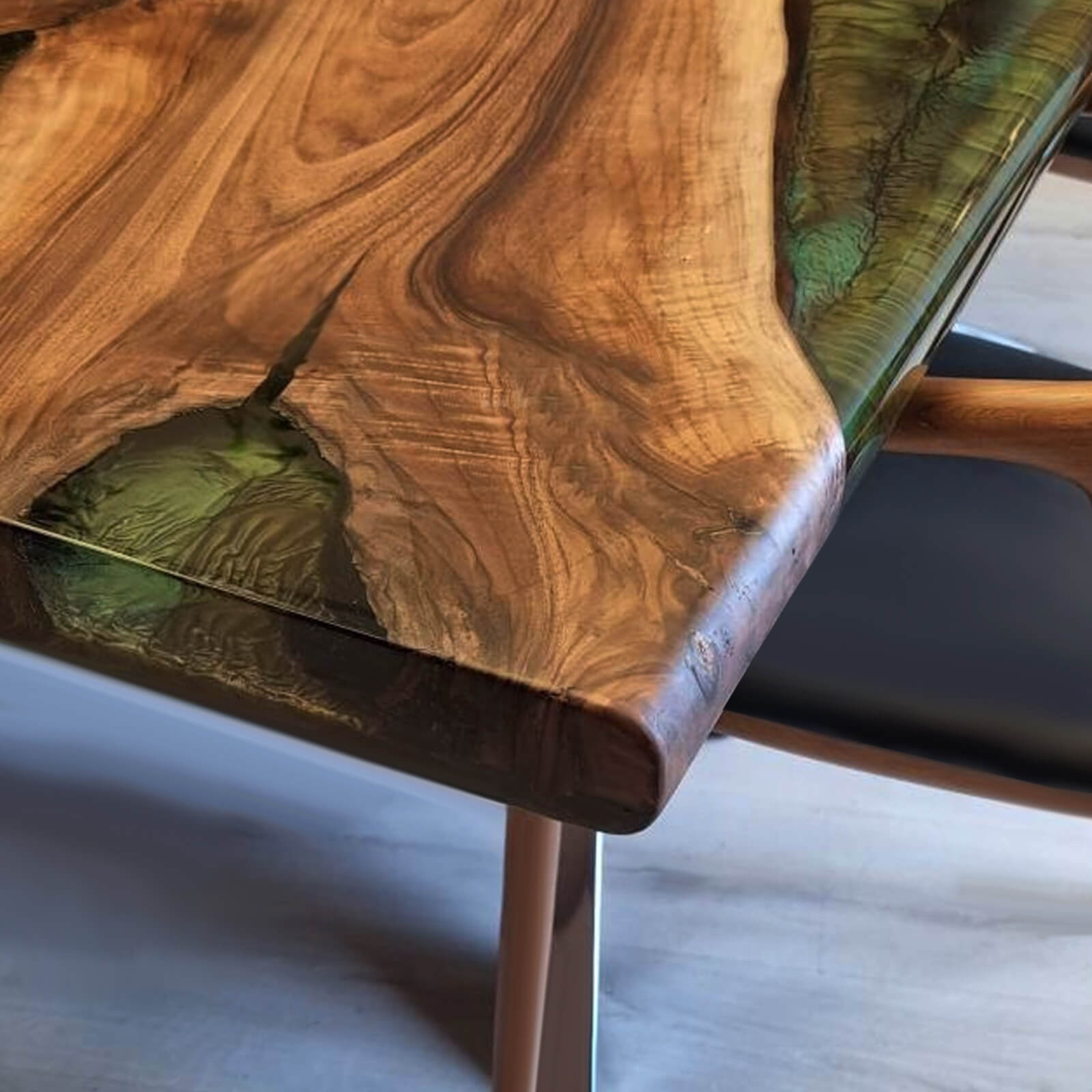 Custom Black Walnut Epoxy Resin River Table Green CR-67 - image 7 | ThawHome