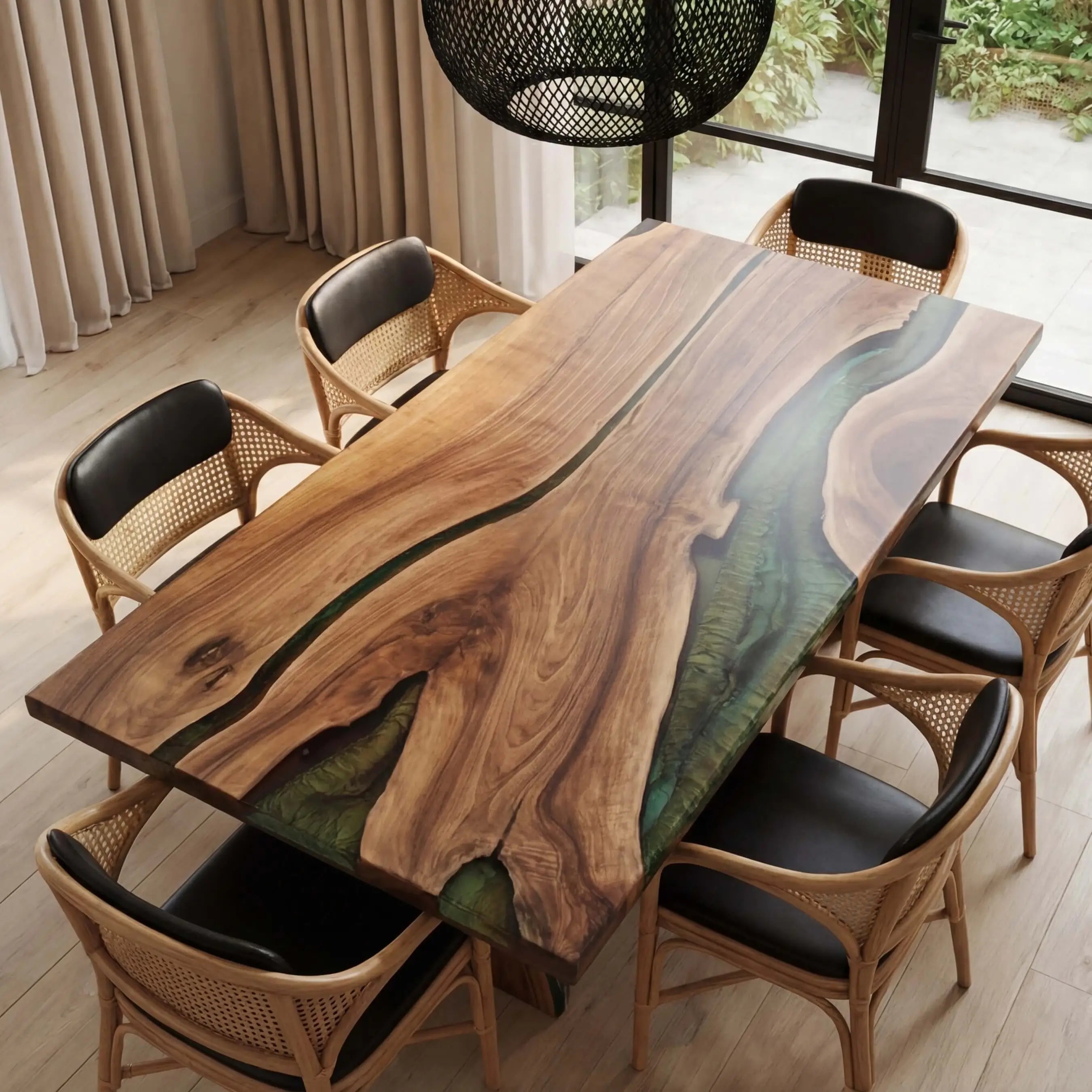 Custom Black Walnut Epoxy Resin River Table Green CR-67 - image 2 | ThawHome