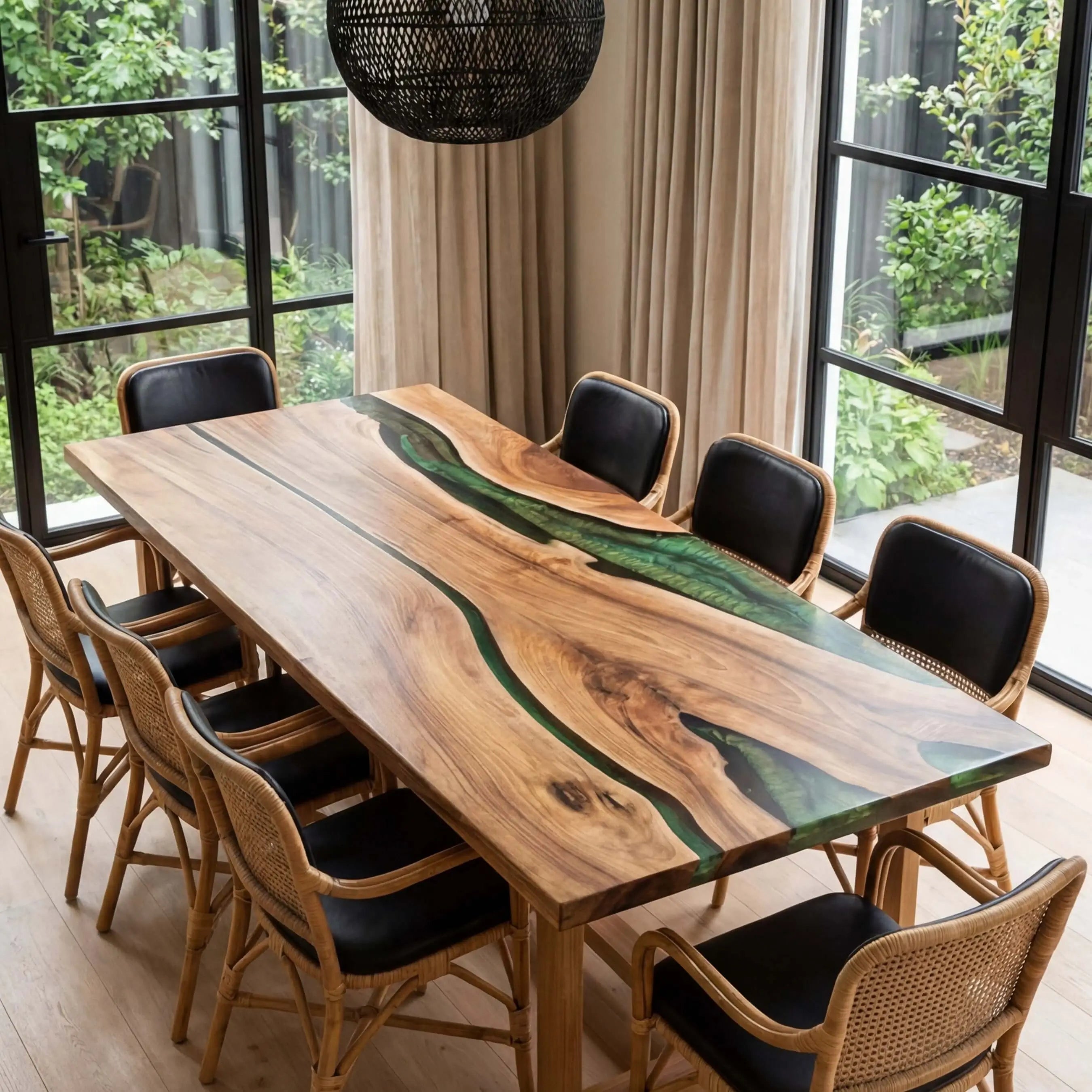 Custom Black Walnut Epoxy Resin River Table Green CR-67 - image 3 | ThawHome