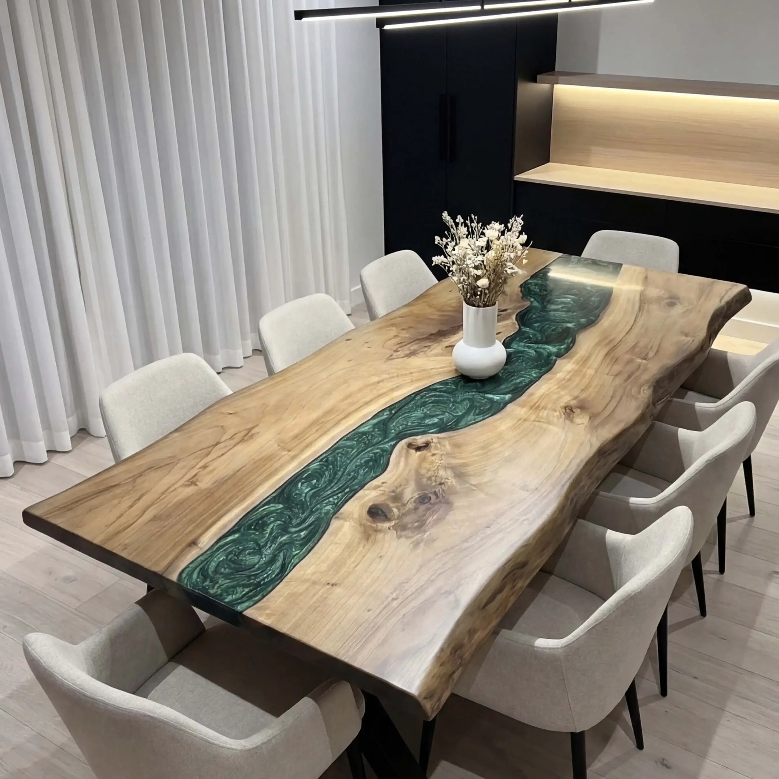 Custom Black Walnut Epoxy Resin River Table Green Pearl ERT-47 - image 1 | ThawHome