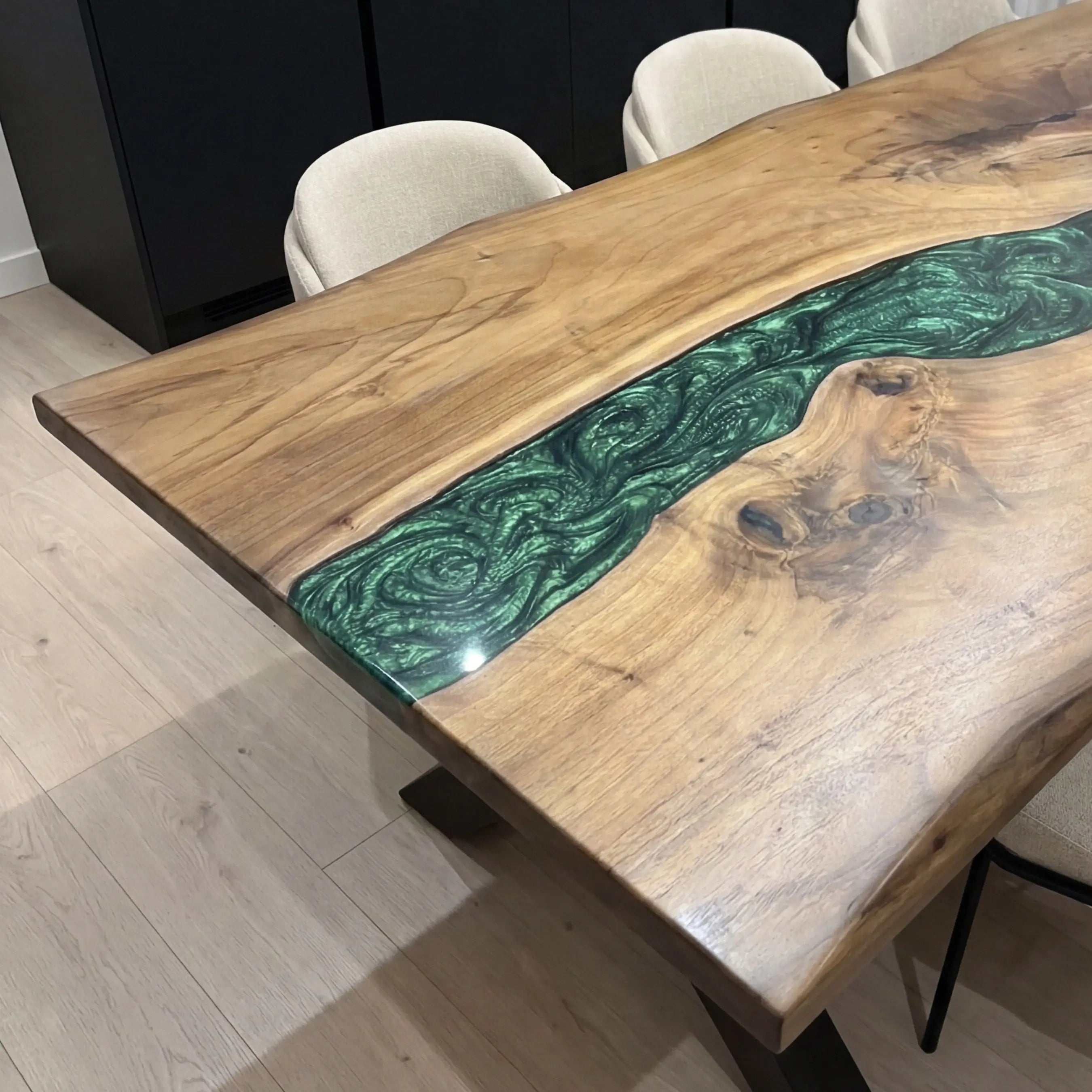 Custom Black Walnut Epoxy Resin River Table Green Pearl ERT-47 - image 5 | ThawHome