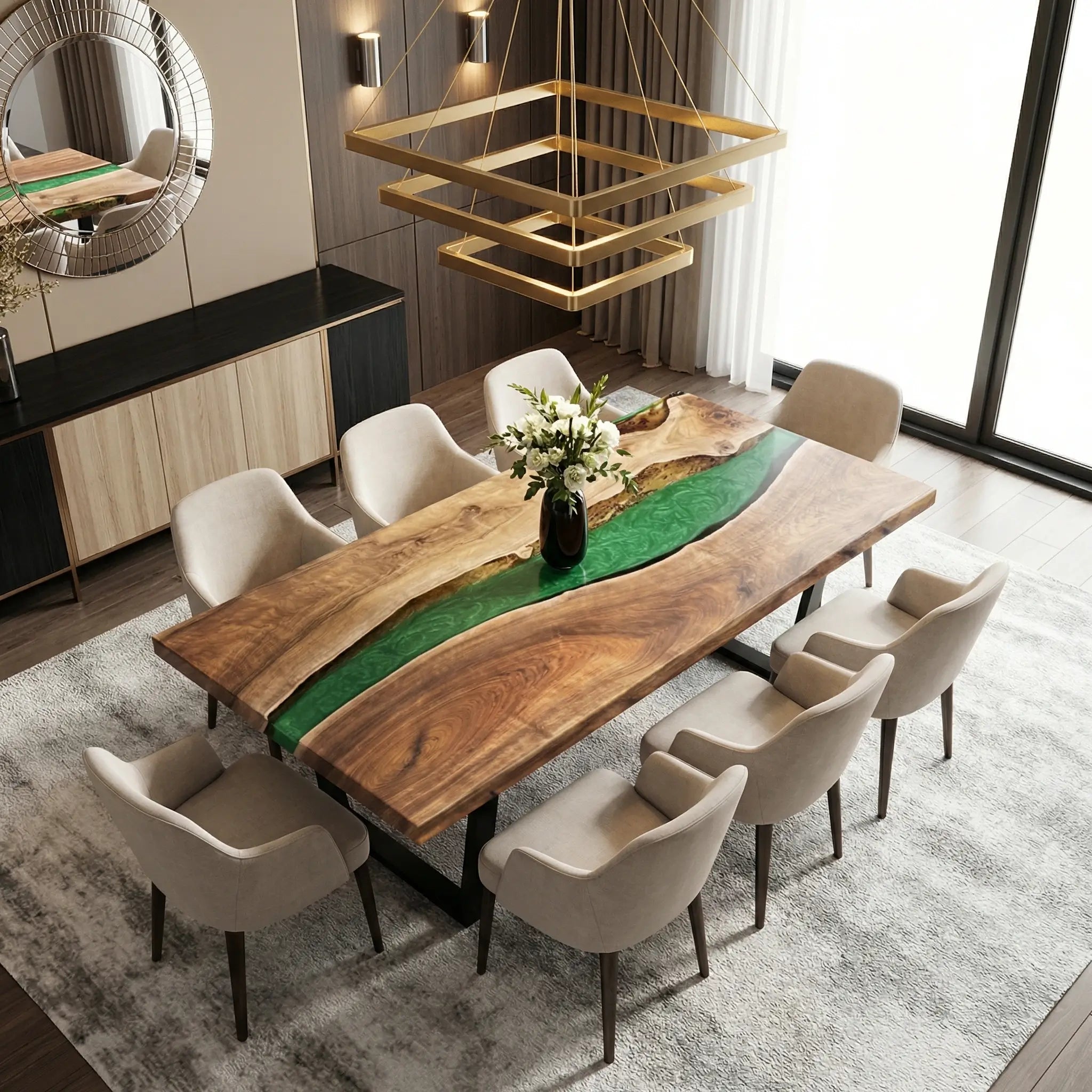 Custom Black Walnut Epoxy Resin River Table Green Pearl QRT-57 - image 1 | ThawHome