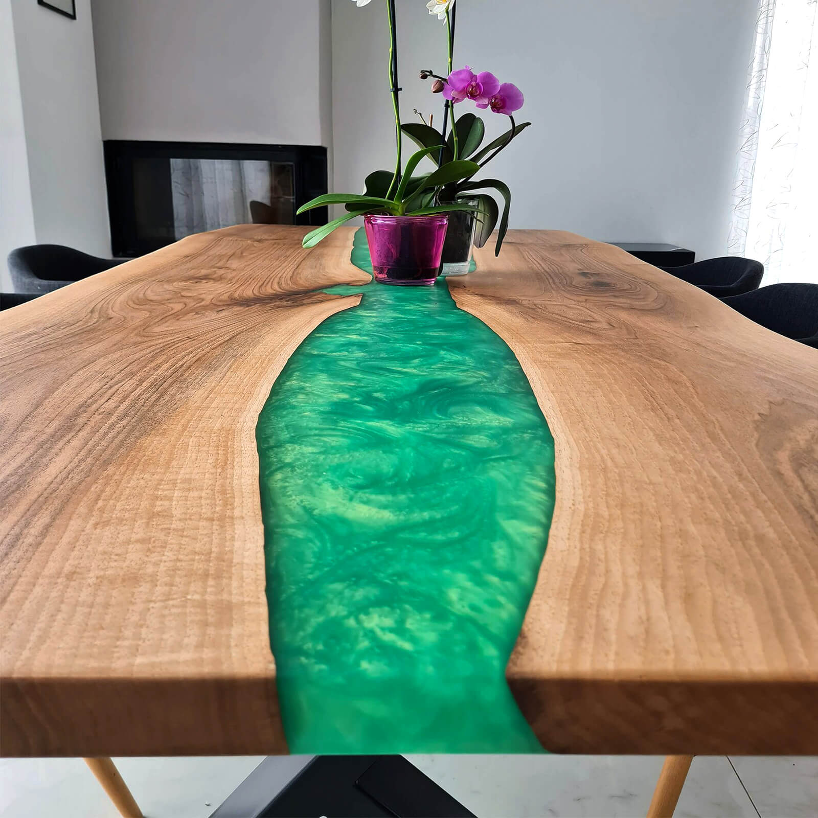 Custom Black Walnut Epoxy Resin River Table Green Pearl XRT-85 - image 3 | ThawHome