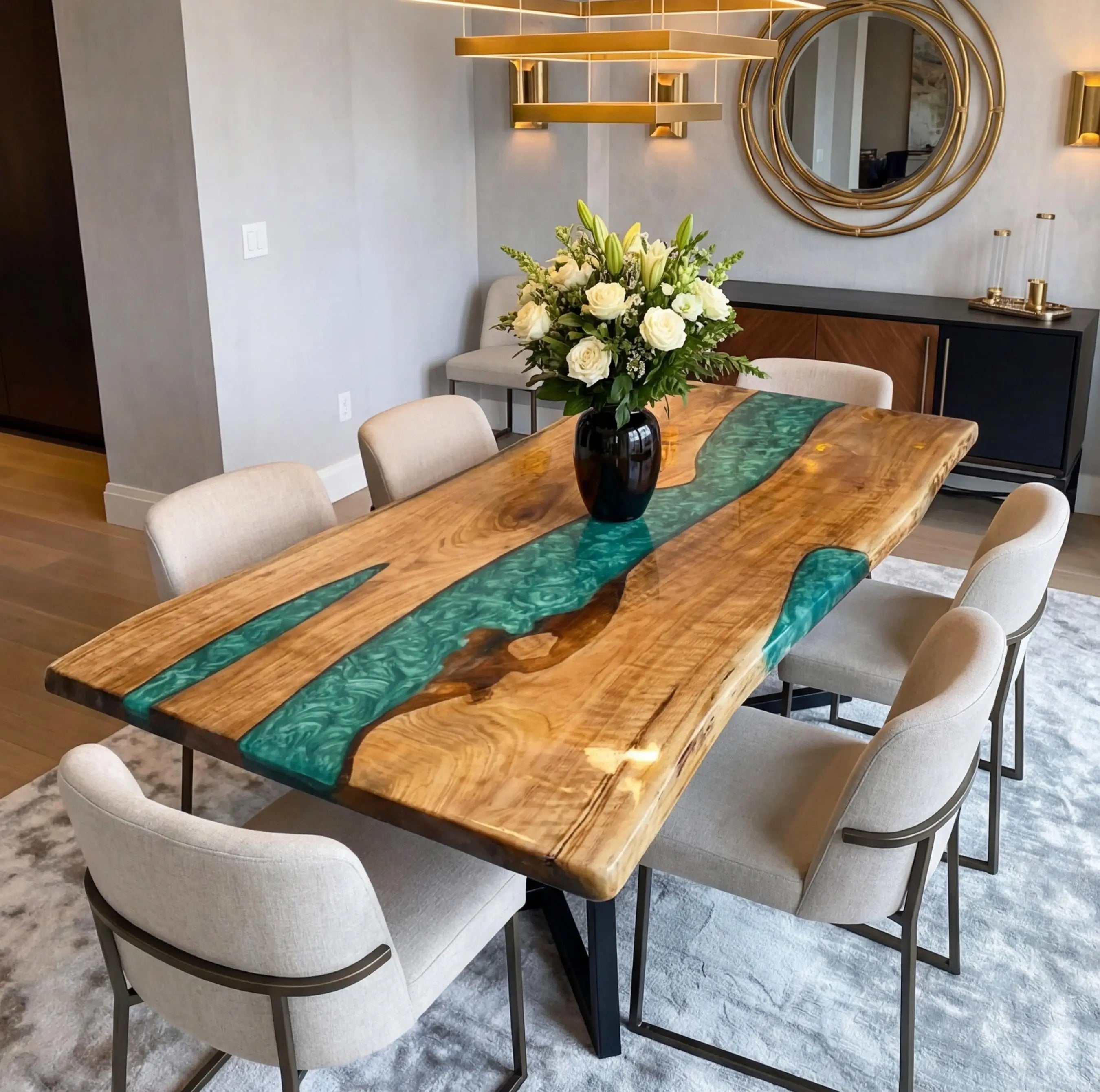 Custom Black Walnut Epoxy Resin River Table Green QRT-53 - image 3 | ThawHome