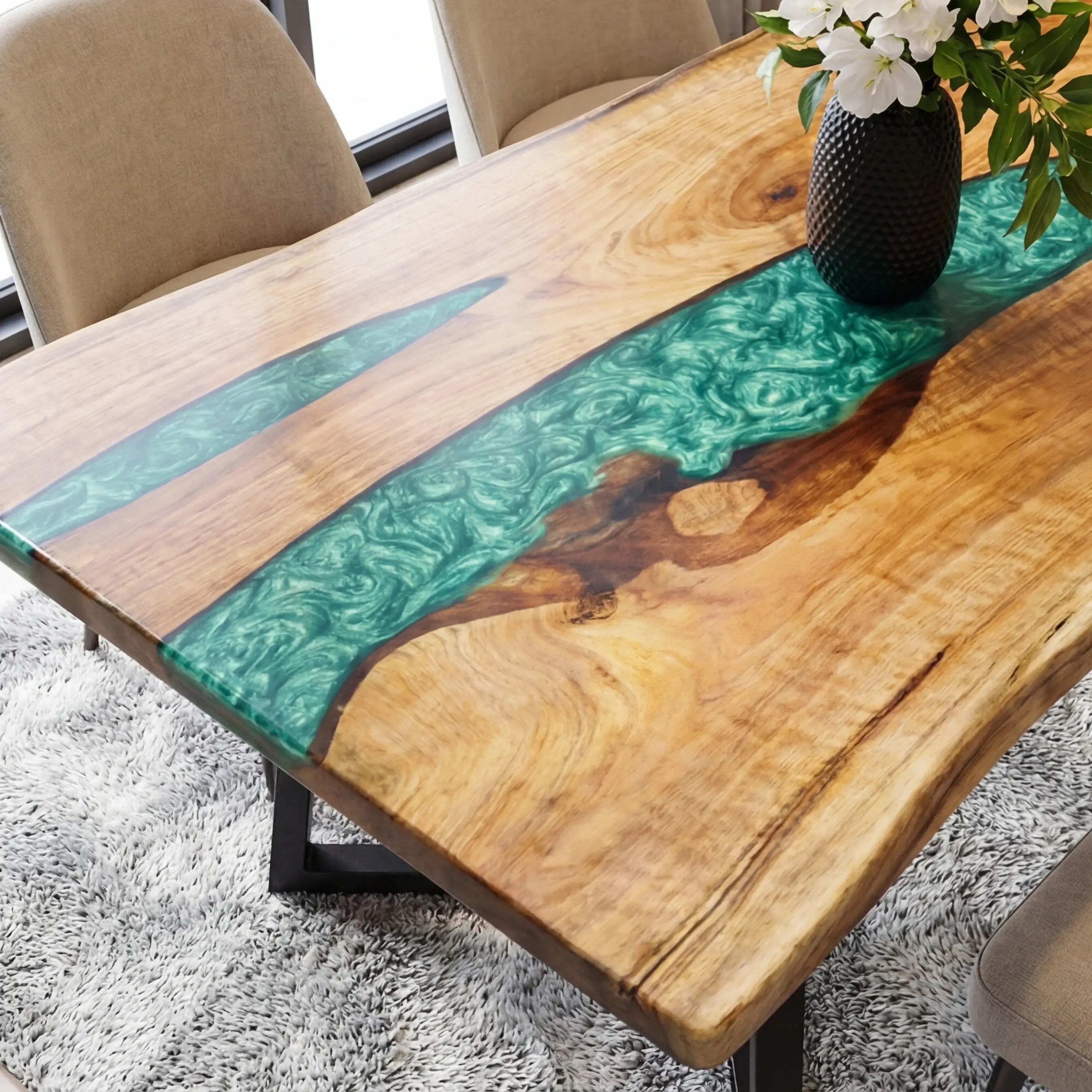 Custom Black Walnut Epoxy Resin River Table Green QRT-53 - image 5 | ThawHome