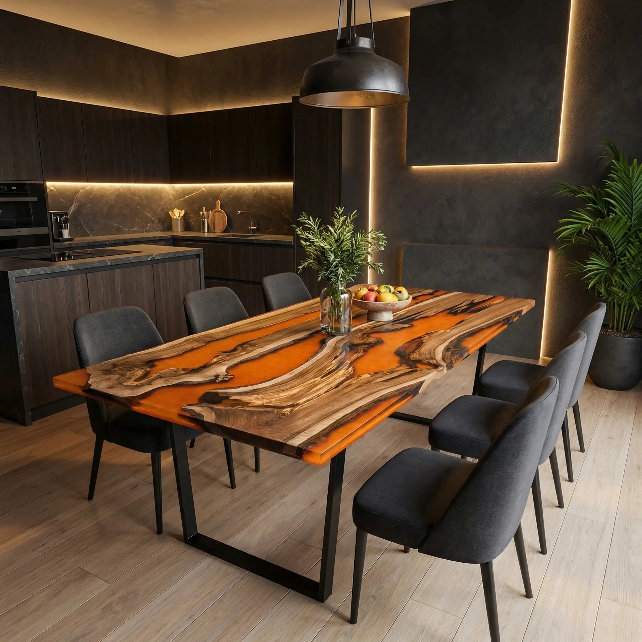 Custom Black Walnut Epoxy Resin River Table Orange Resin BTR-72 - image 3 | ThawHome