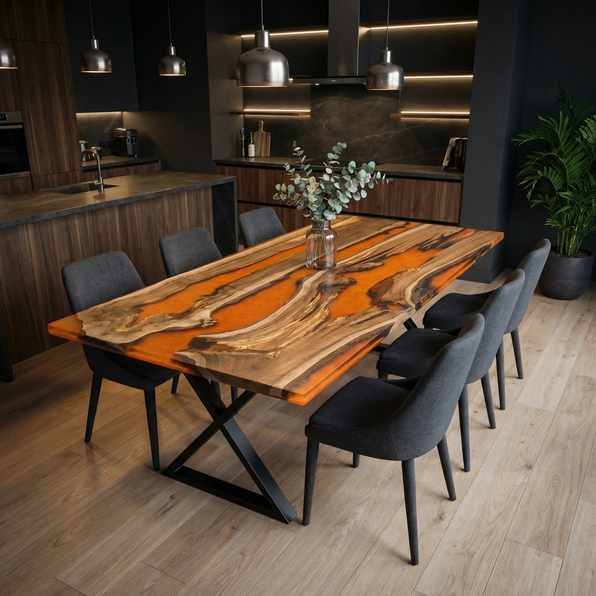 Custom Black Walnut Epoxy Resin River Table Orange Resin BTR-72 - image 4 | ThawHome