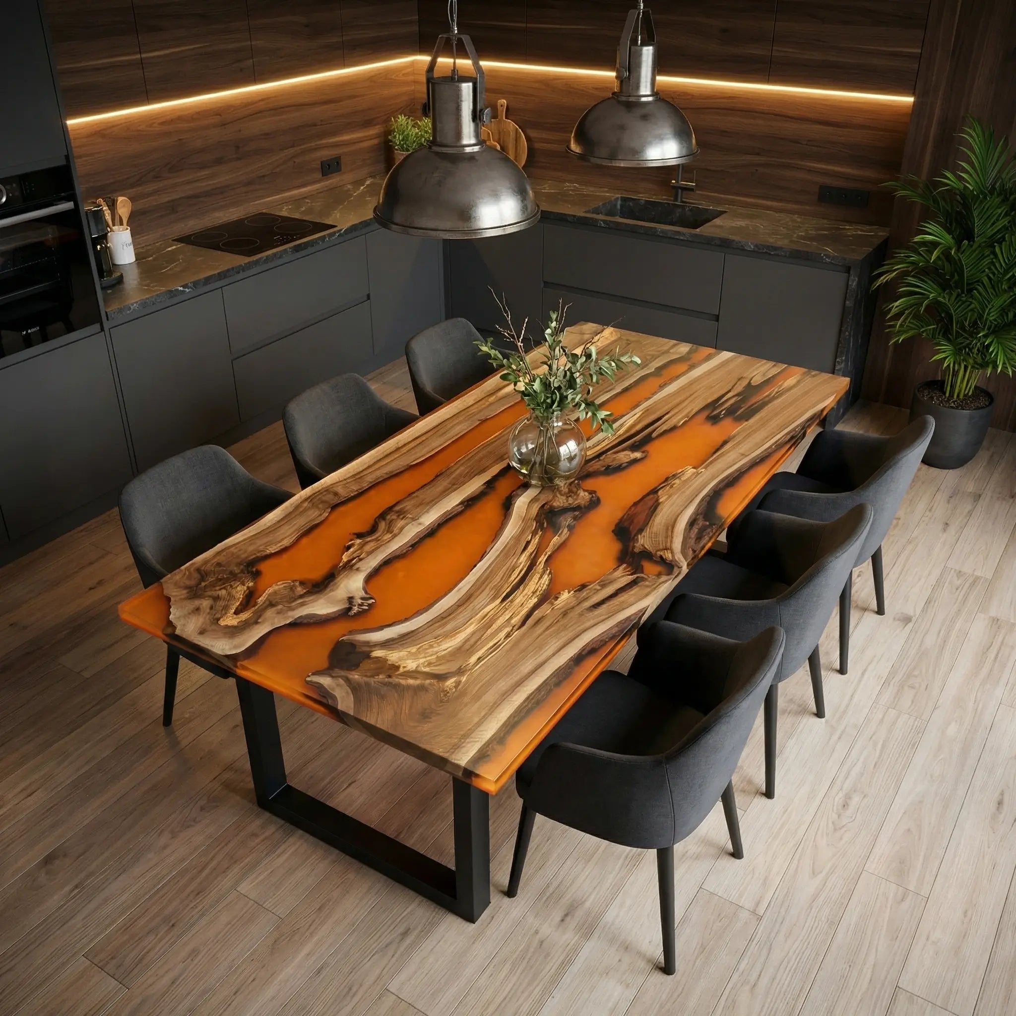Custom Black Walnut Epoxy Resin River Table Orange Resin BTR-72 - image 1 | ThawHome