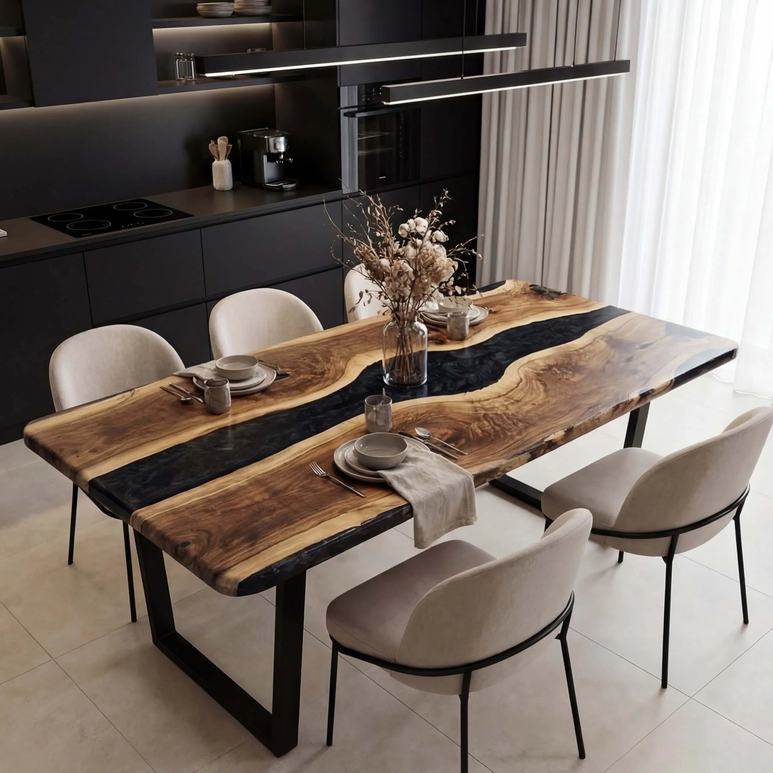Custom Black Walnut Epoxy Resin River Table Pearl Gray XRT-92 - image 1 | ThawHome