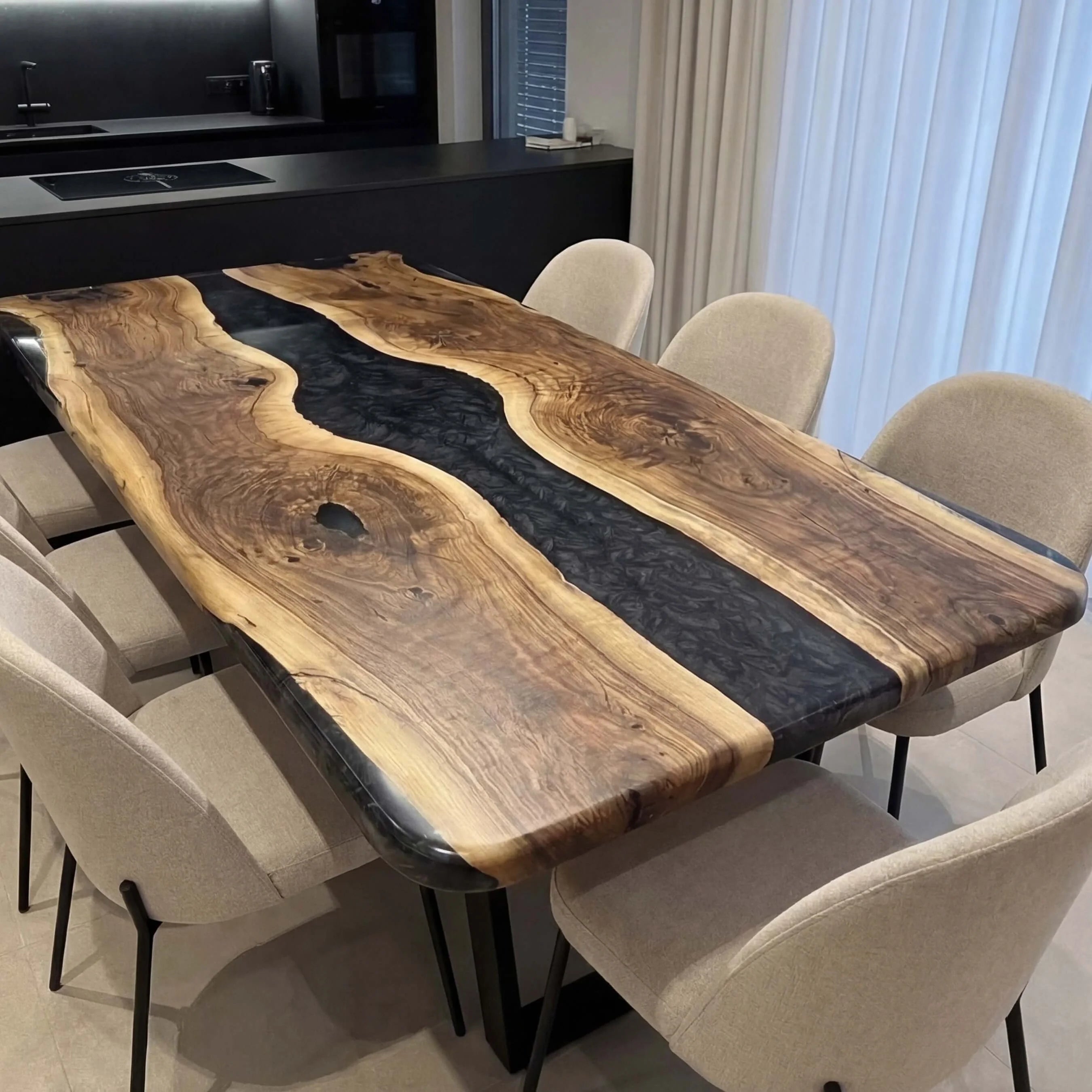 Custom Black Walnut Epoxy Resin River Table Pearl Gray XRT-92 - image 2 | ThawHome