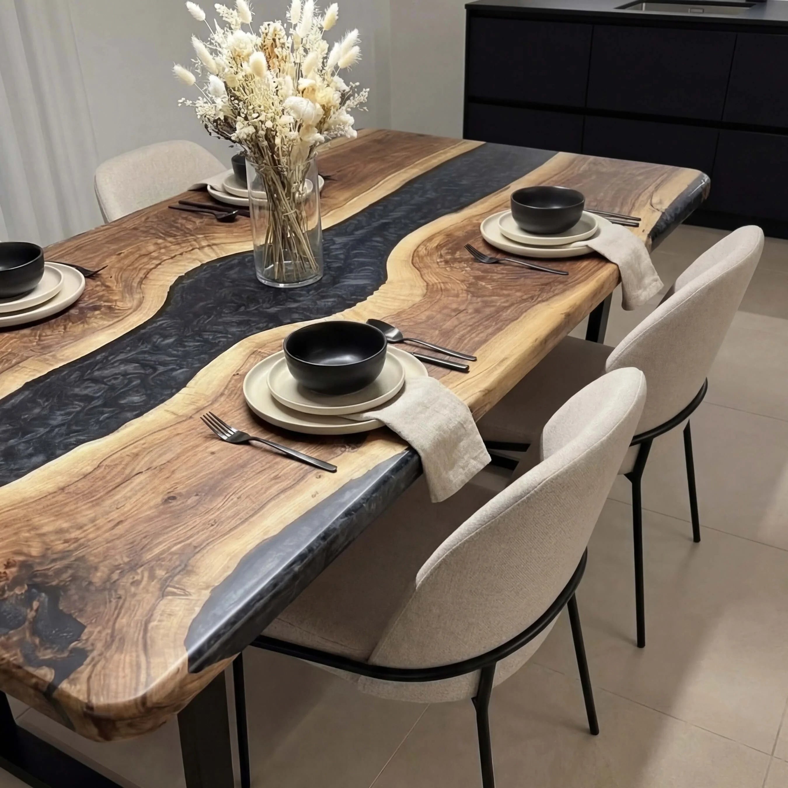 Custom Black Walnut Epoxy Resin River Table Pearl Gray XRT-92 - image 6 | ThawHome