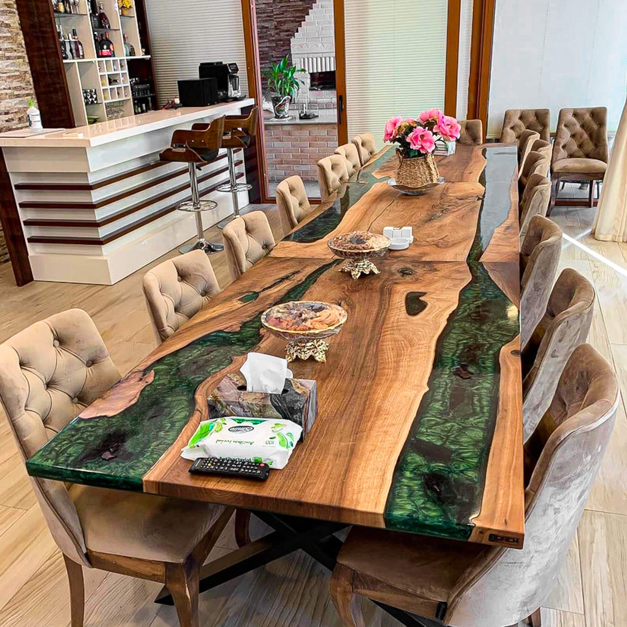Custom Black Walnut Epoxy Resin River Table Pearl Green GRT-57 - image 2 | ThawHome