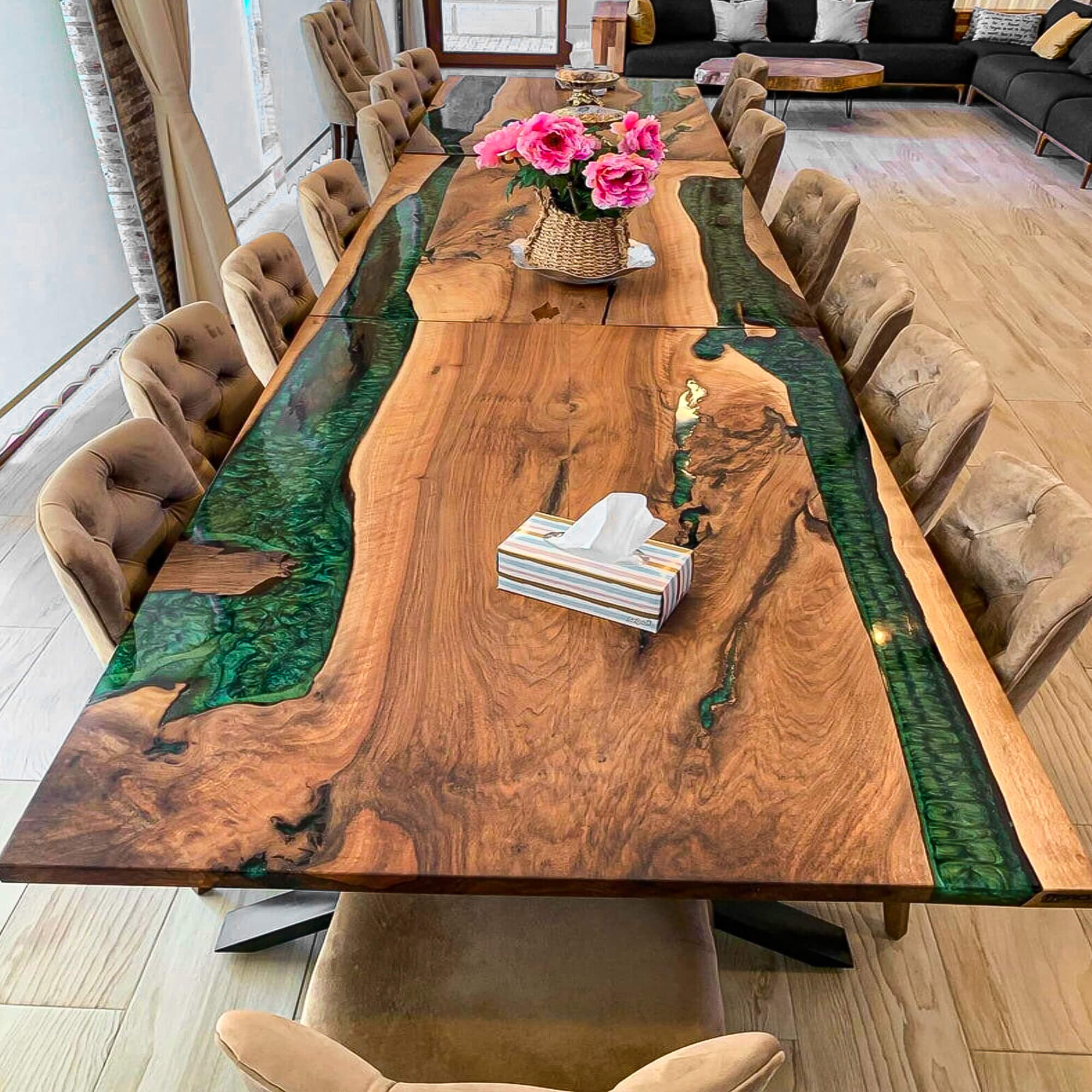 Custom Black Walnut Epoxy Resin River Table Pearl Green GRT-57 - image 1 | ThawHome