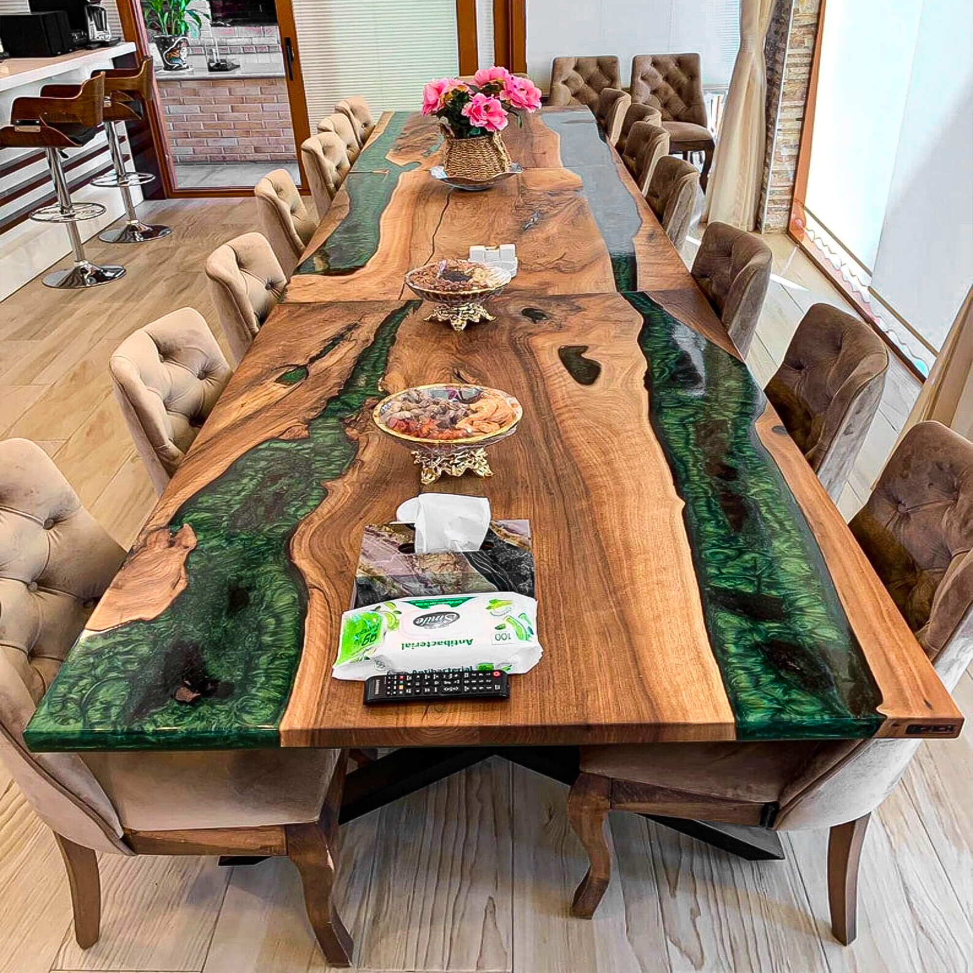 Custom Black Walnut Epoxy Resin River Table Pearl Green GRT-57 - image 3 | ThawHome