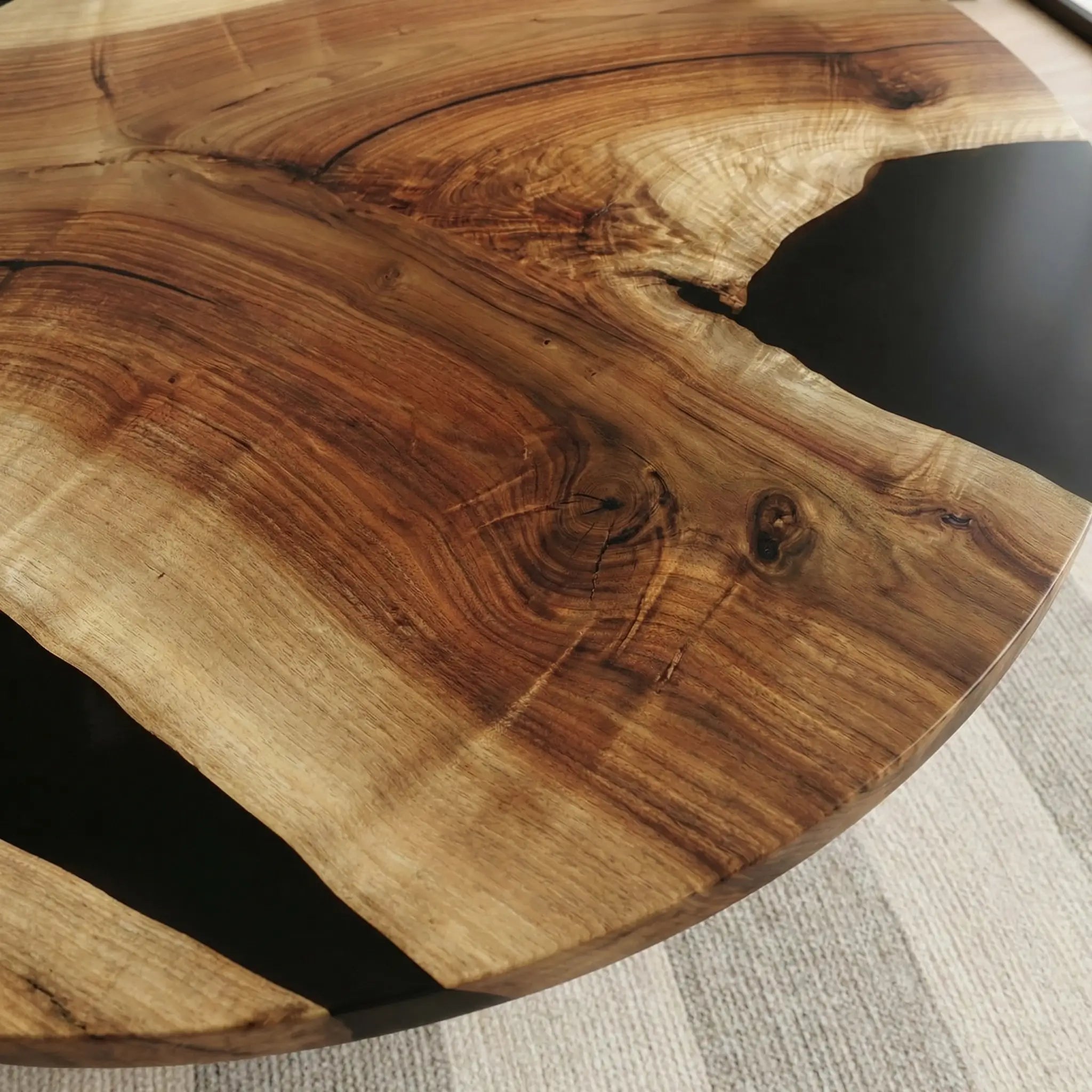 Custom Black Walnut Epoxy Resin Round Coffee Table Black Resin