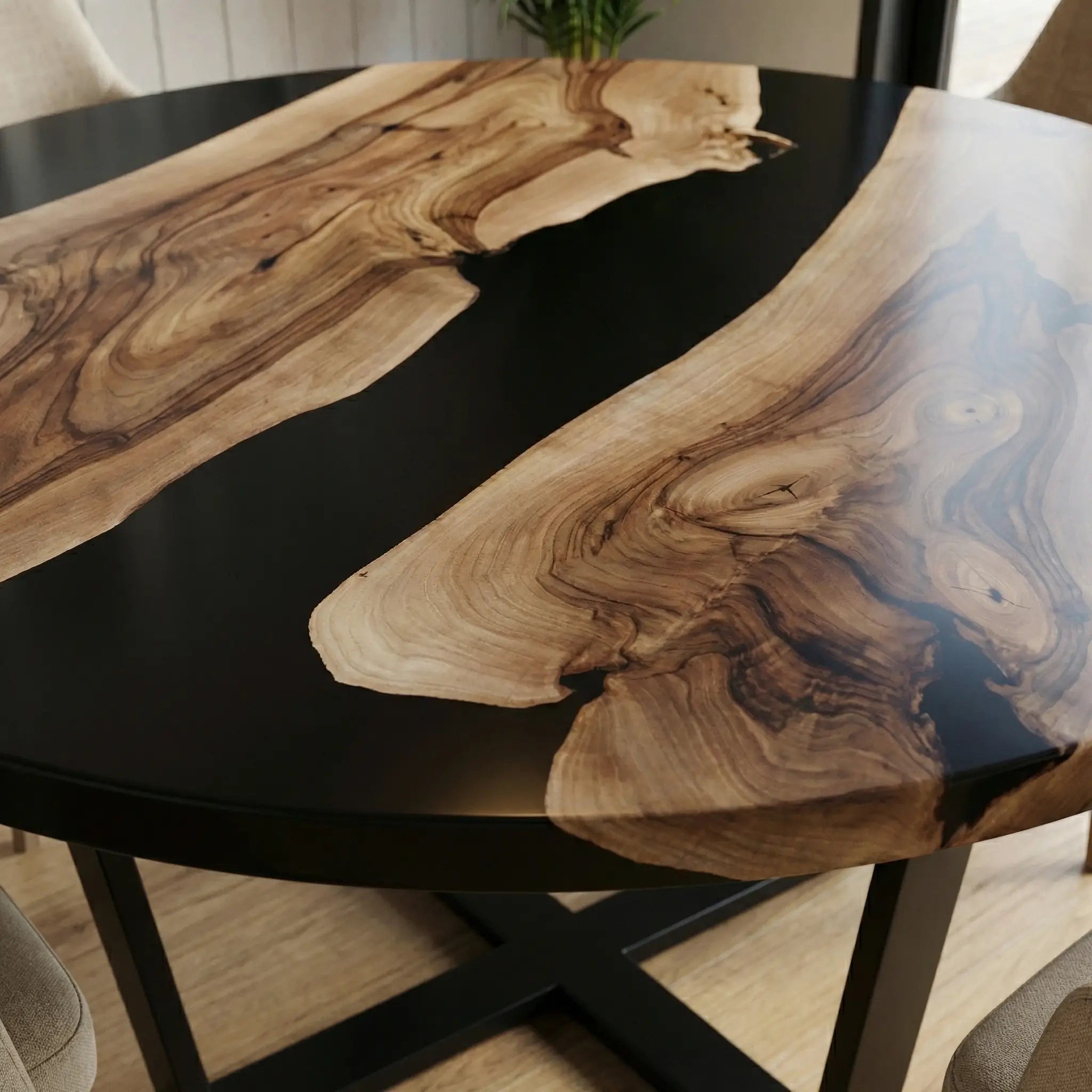 Custom Black Walnut Epoxy Resin Round Coffee Table Black Resin