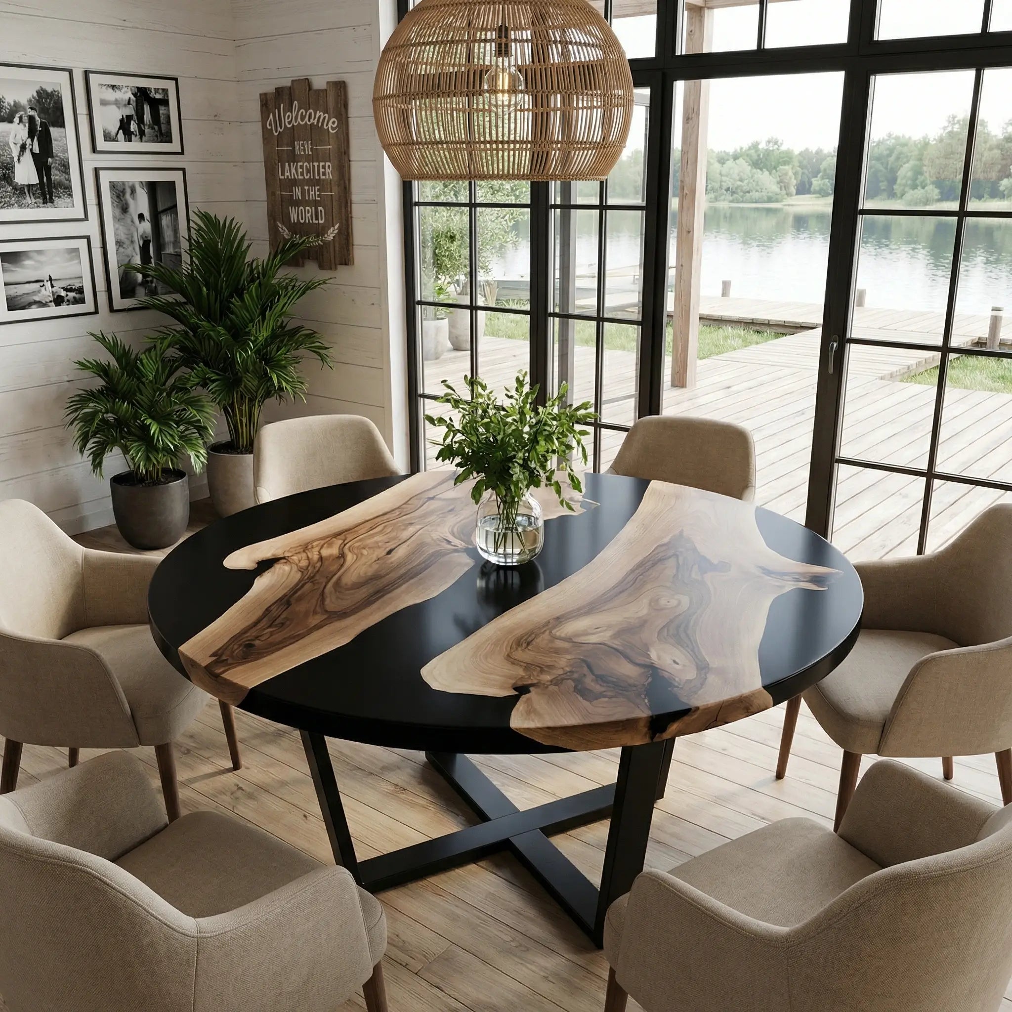 Custom Black Walnut Epoxy Resin Round Coffee Table Black Resin