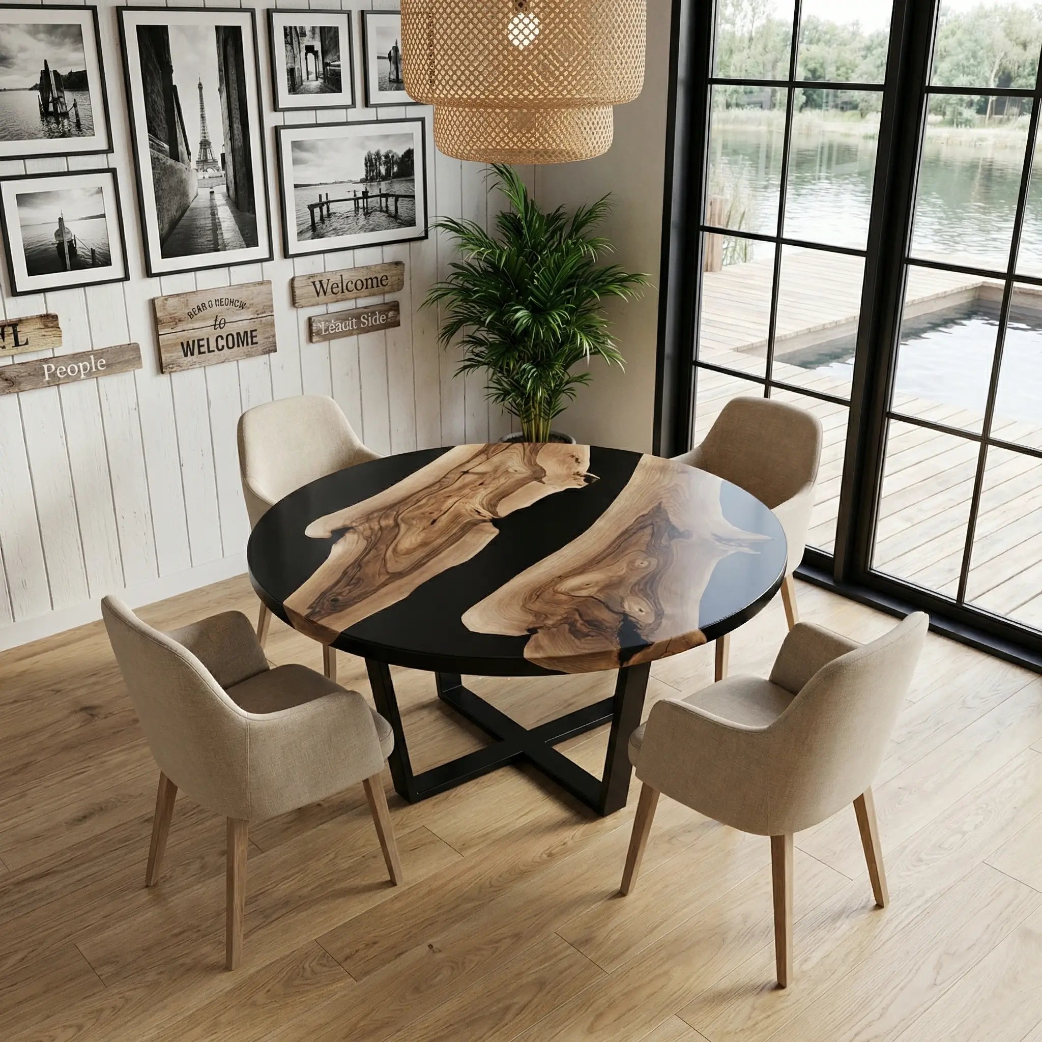 Custom Black Walnut Epoxy Resin Round Coffee Table Black Resin