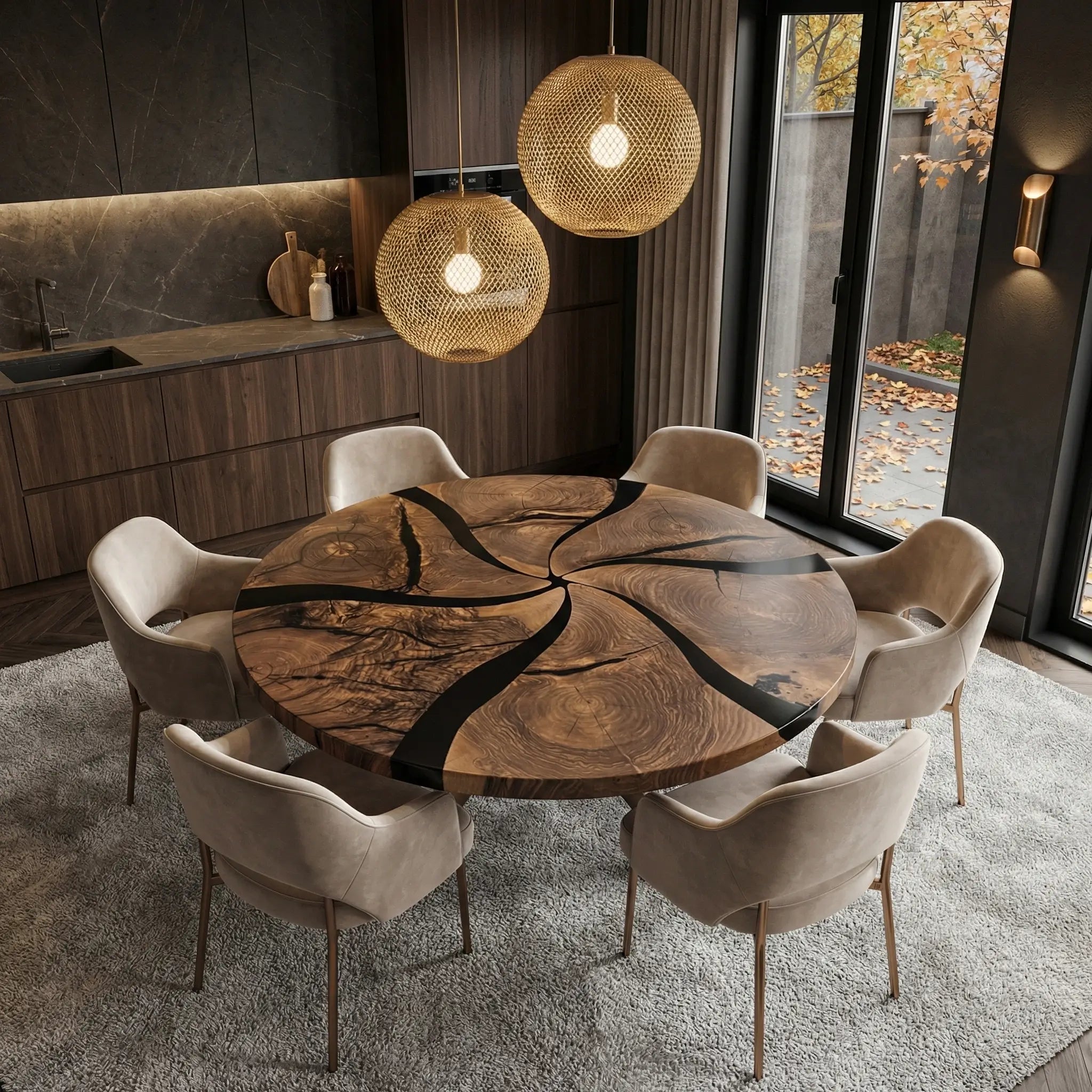 Custom Black Walnut Epoxy Resin Round Coffee Table Black Resin
