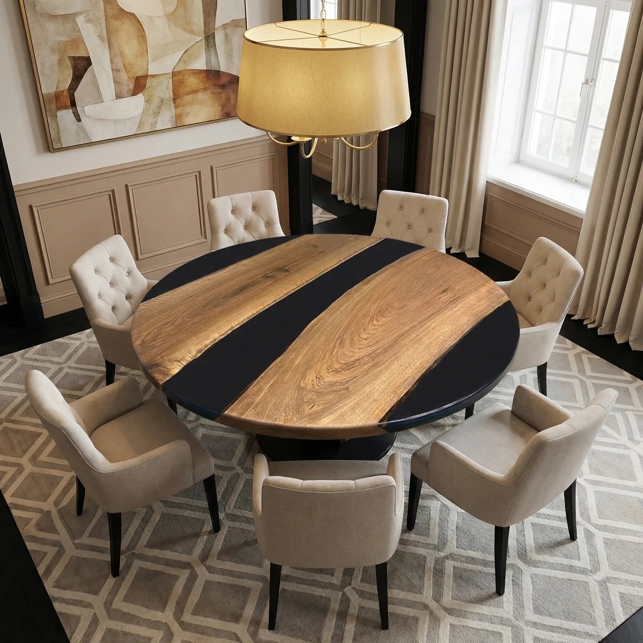 Custom Black Walnut Epoxy Resin Round Coffee Table Black Resin