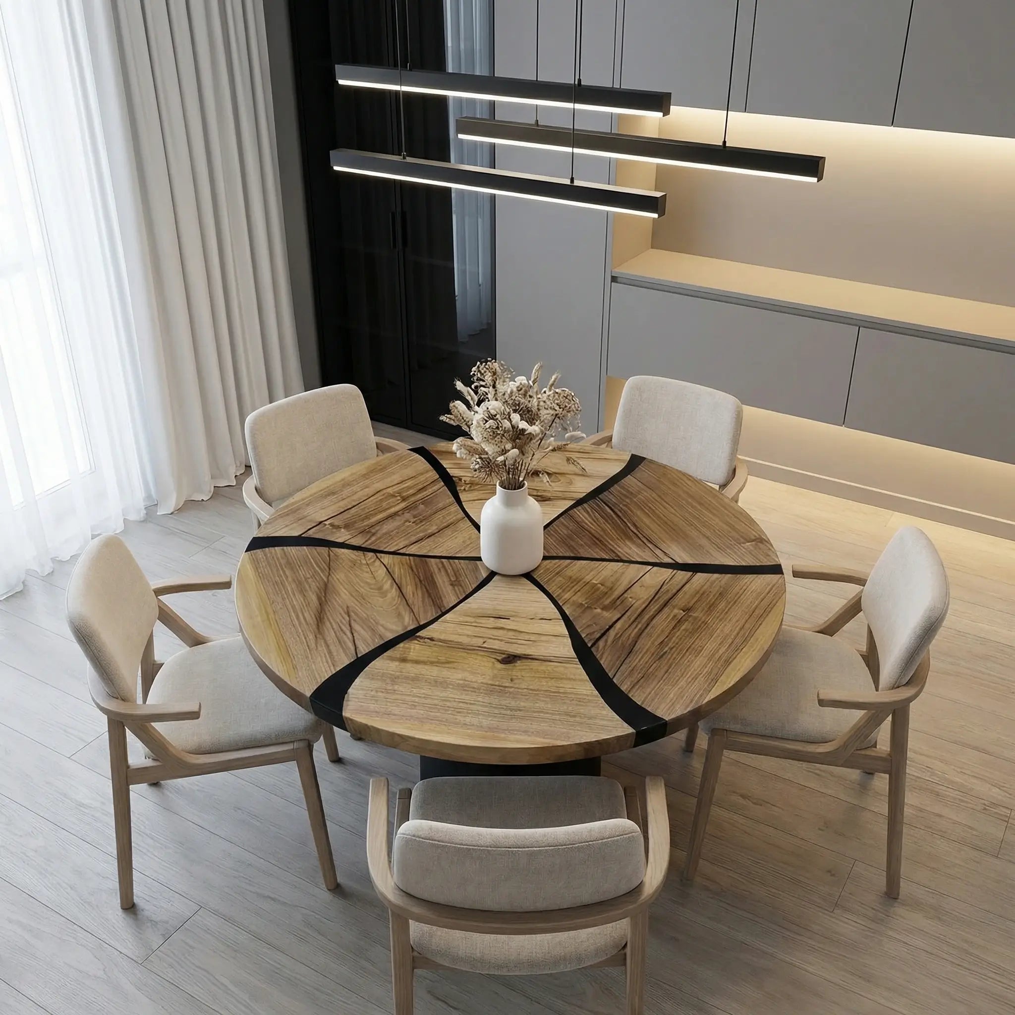 Custom Black Walnut Epoxy Resin Round Coffee Table Black Resin