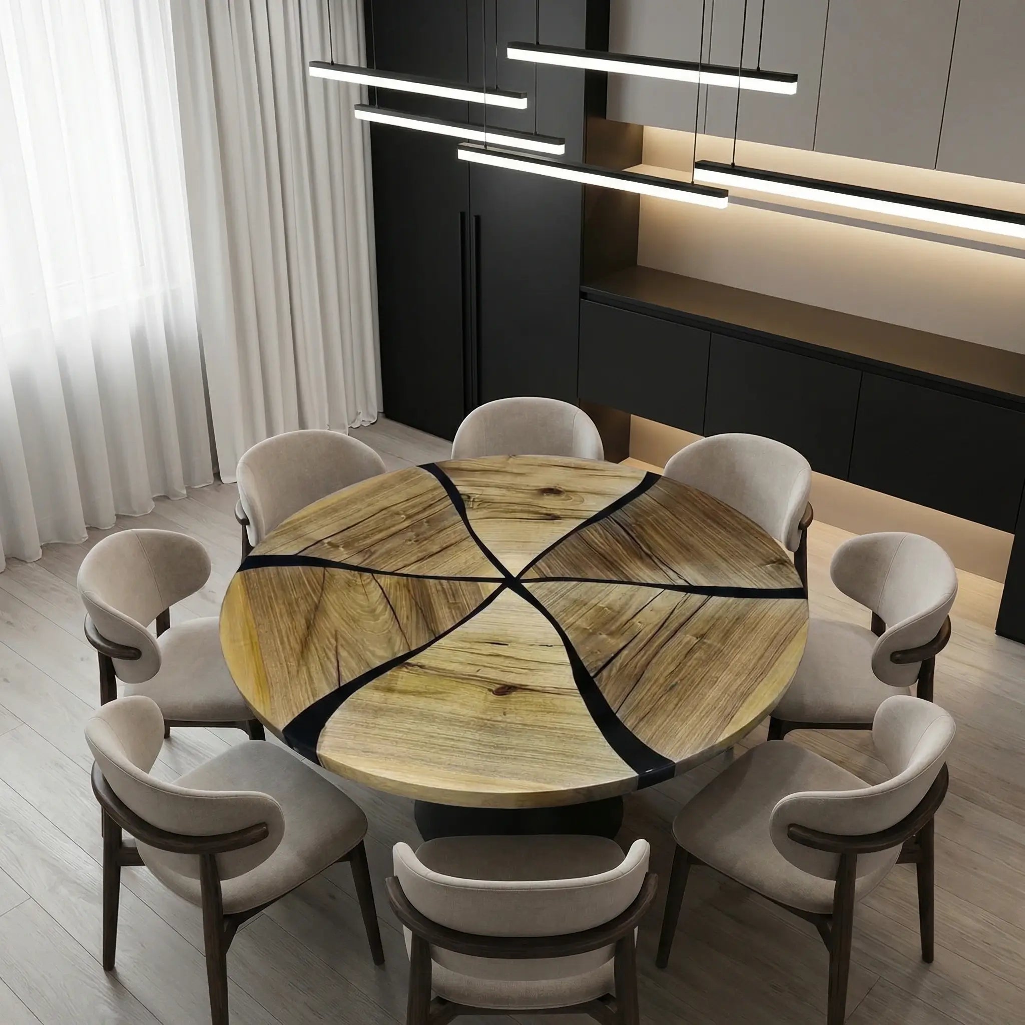 Custom Black Walnut Epoxy Resin Round Coffee Table Black Resin