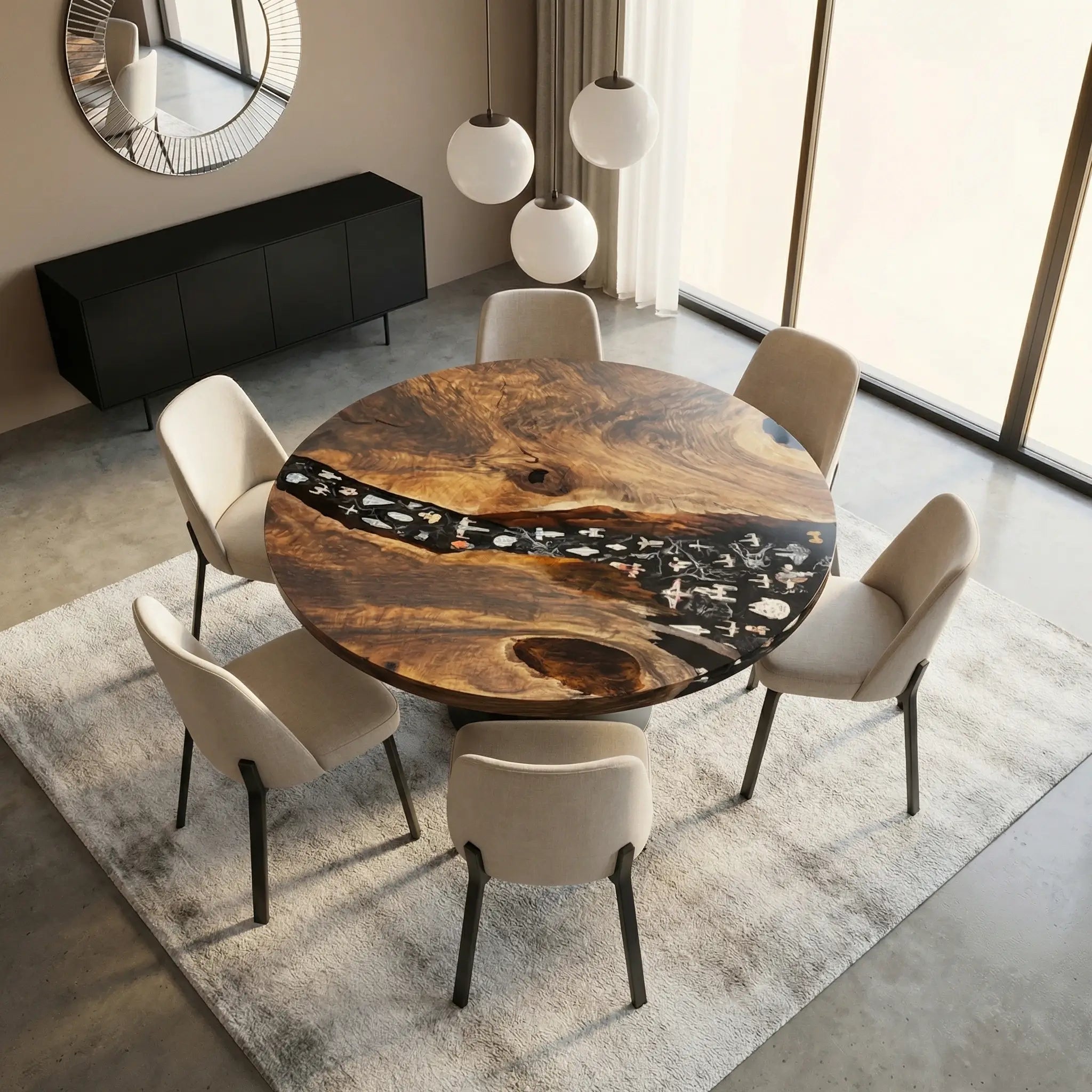 Custom Black Walnut Epoxy Resin Round Coffee Table Black Resin