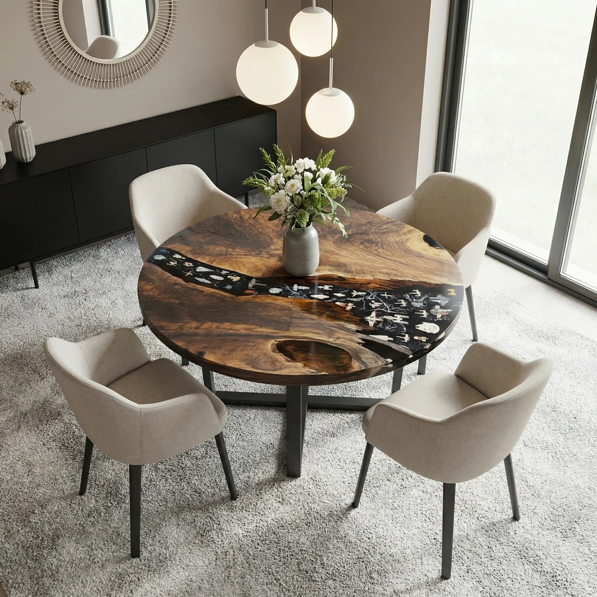 Custom Black Walnut Epoxy Resin Round Coffee Table Black Resin