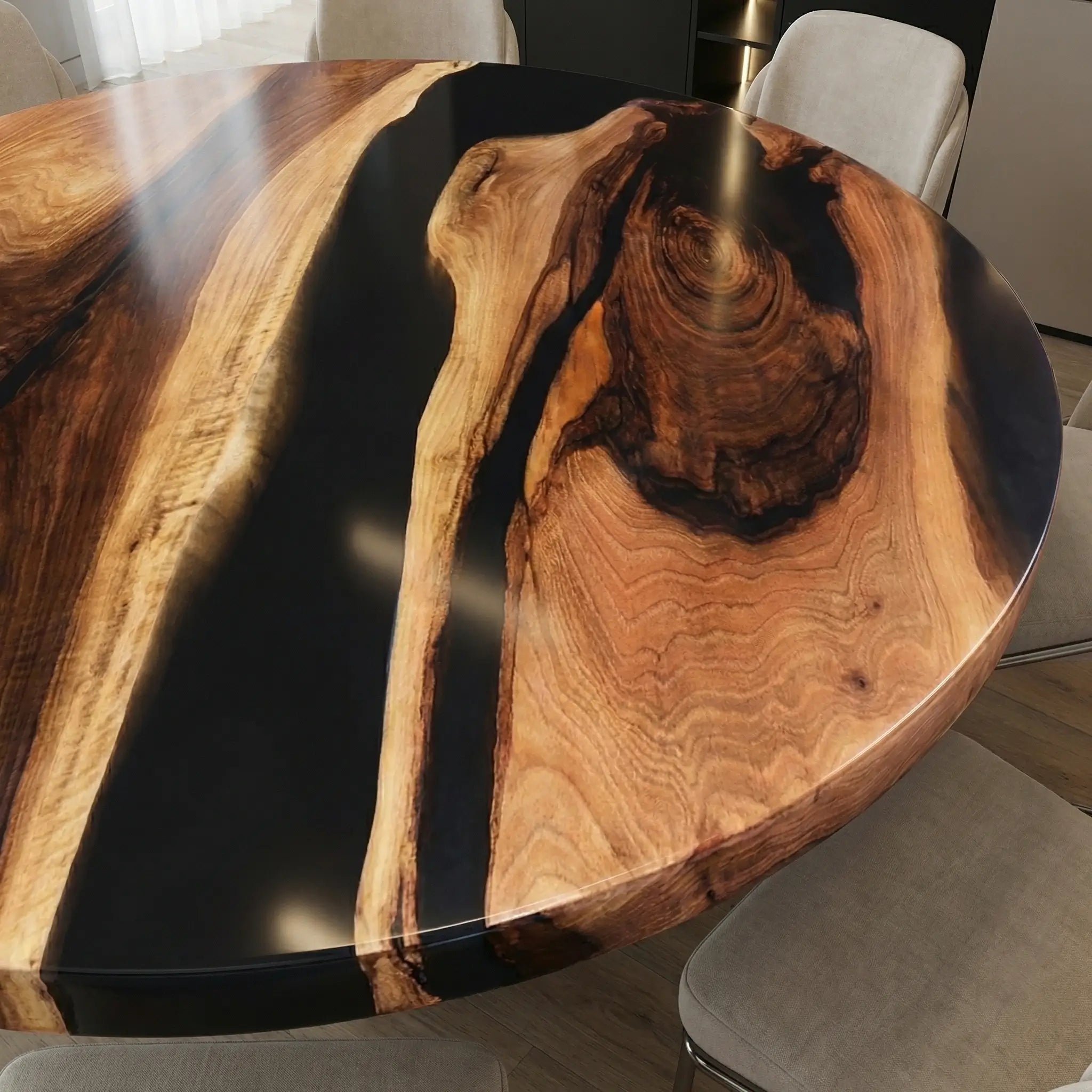 Custom Black Walnut Epoxy Resin Round Coffee Table Black Resin