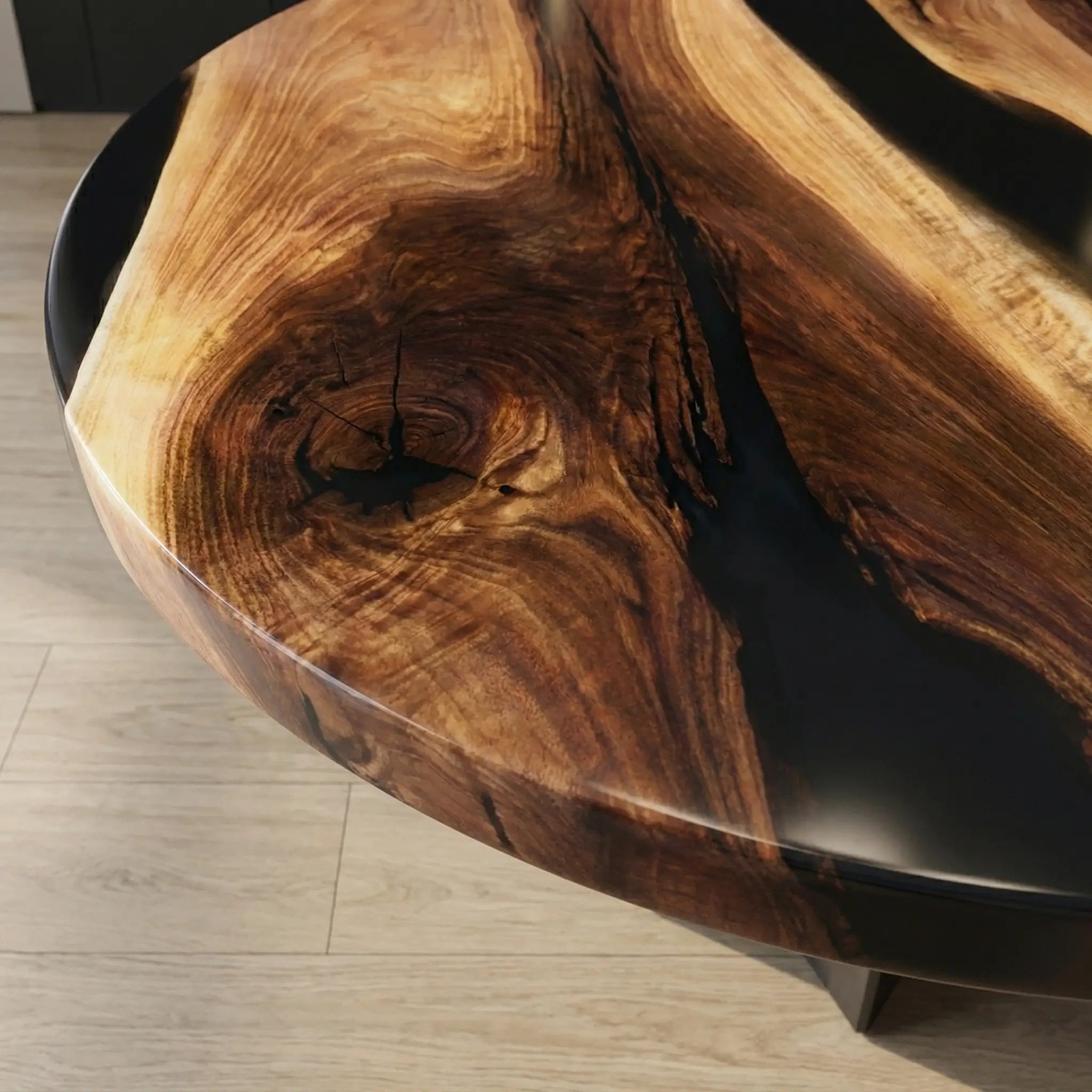 Custom Black Walnut Epoxy Resin Round Coffee Table Black Resin