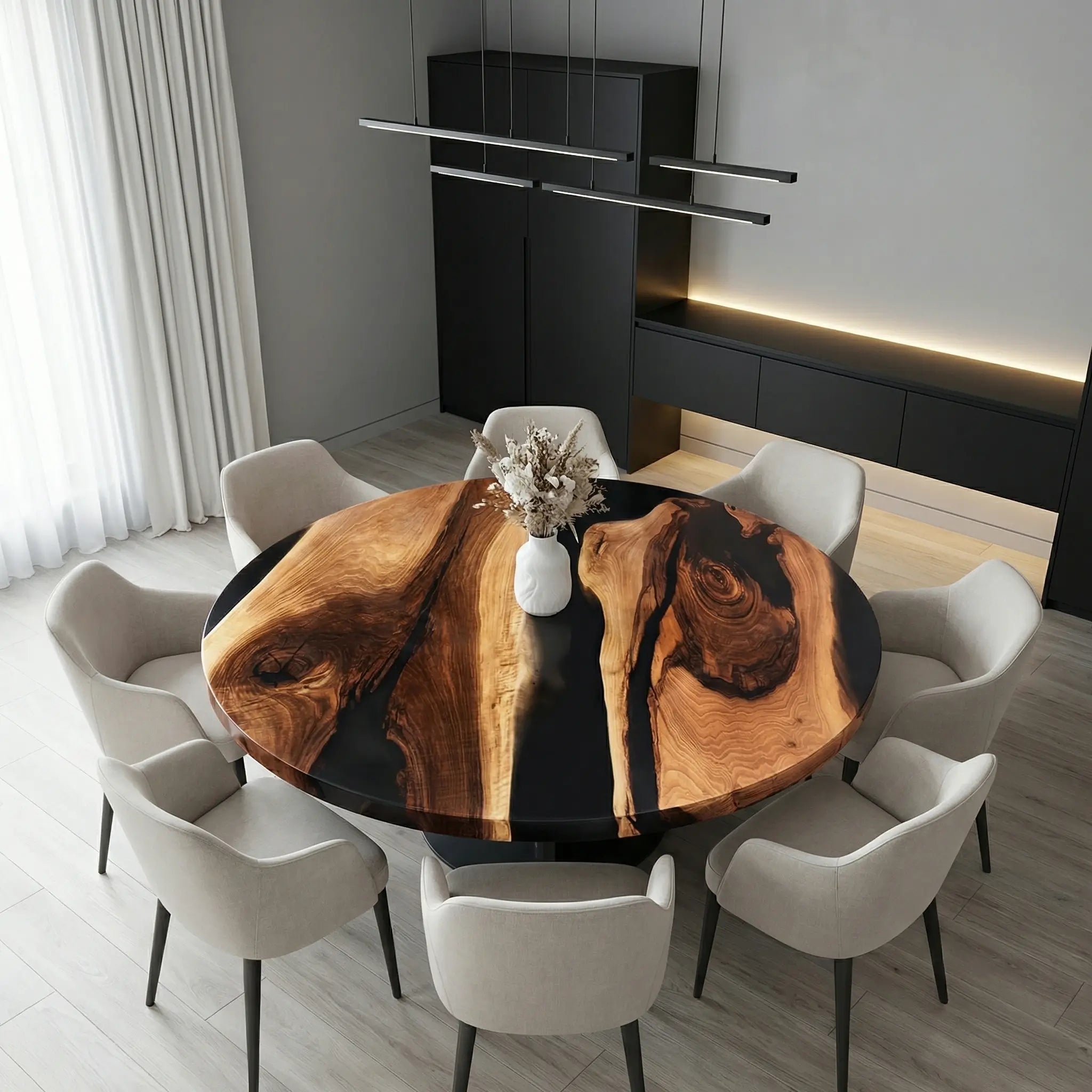 Custom Black Walnut Epoxy Resin Round Coffee Table Black Resin
