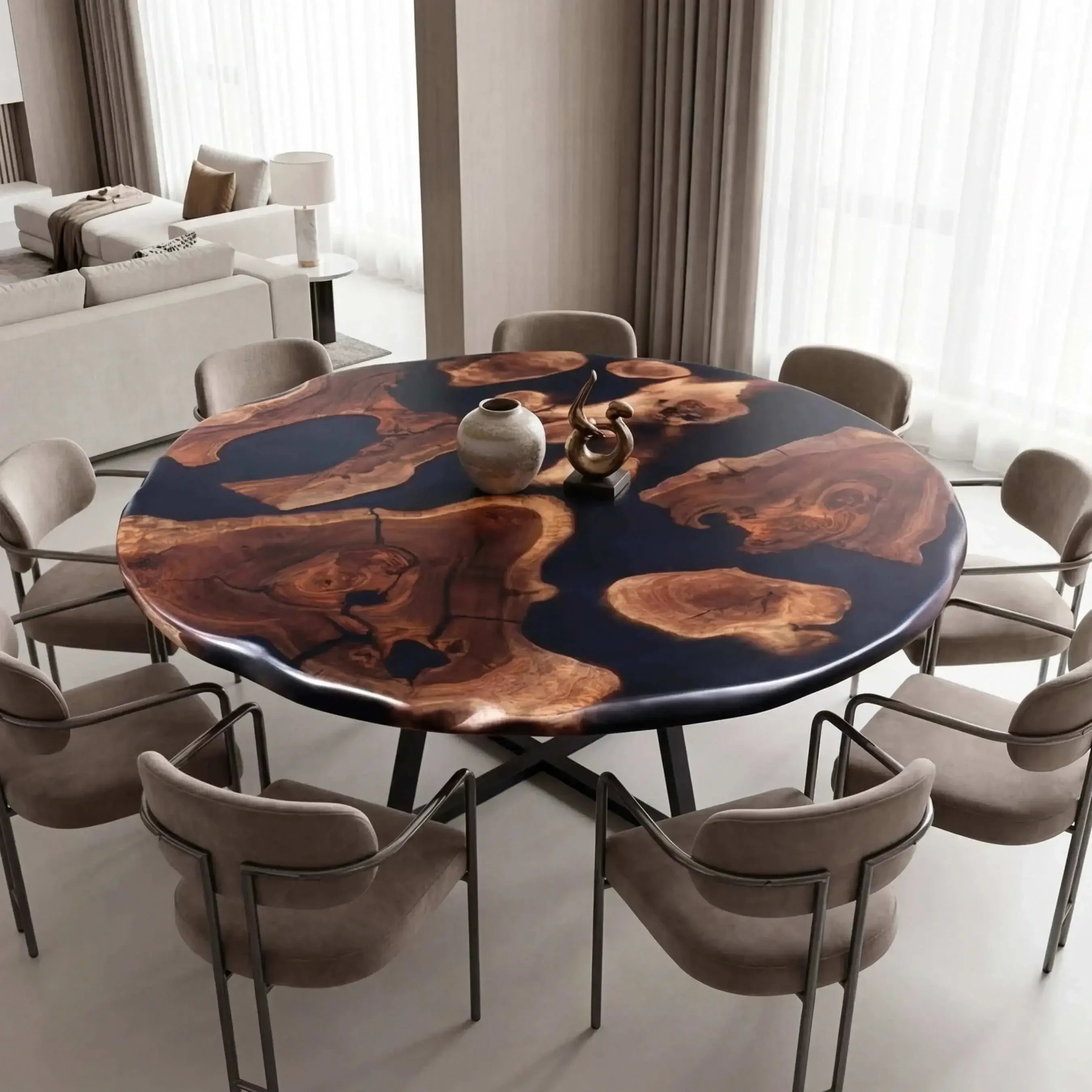 Custom Black Walnut Epoxy Resin Round Coffee Table Black Resin
