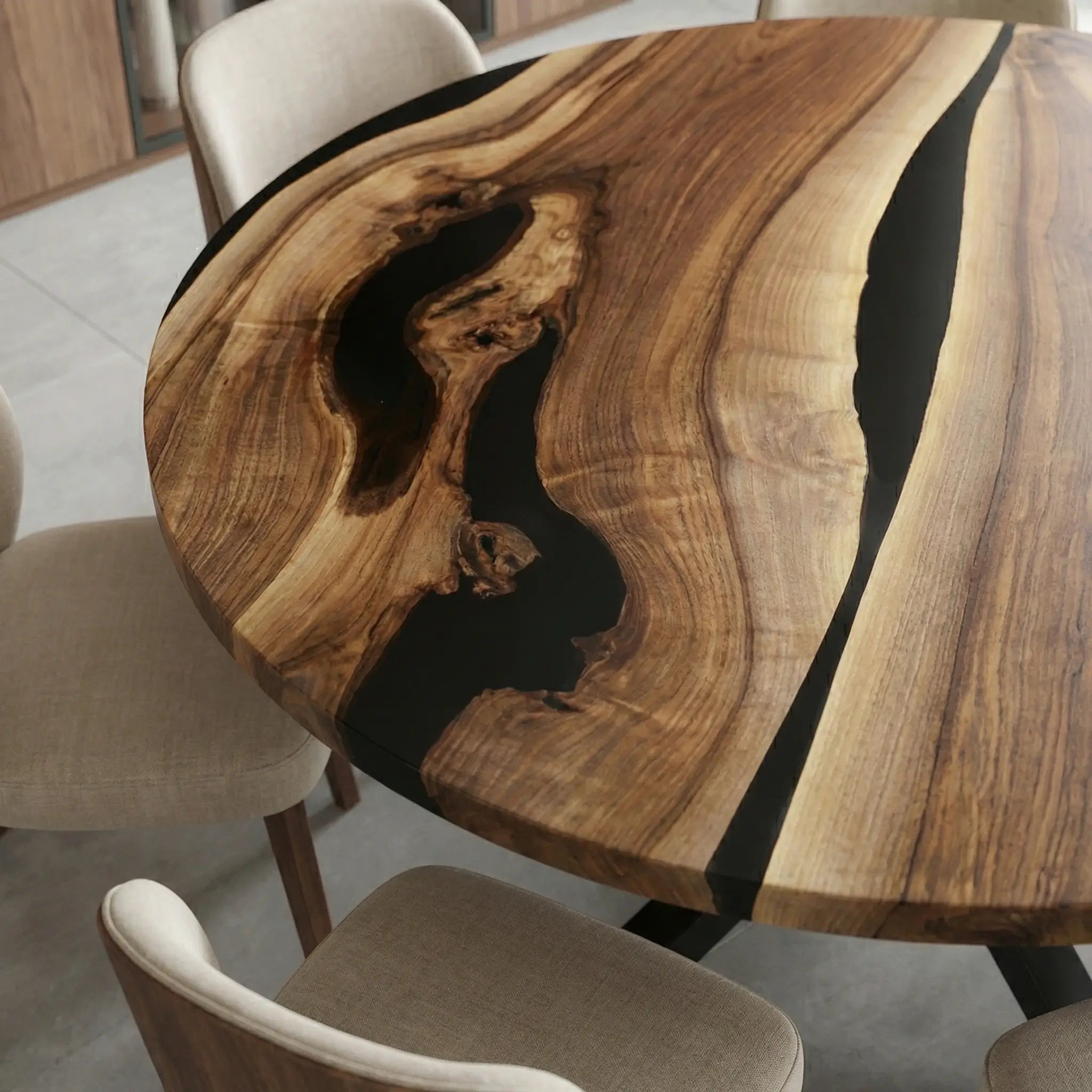 Custom Black Walnut Epoxy Resin Round Coffee Table Black Resin