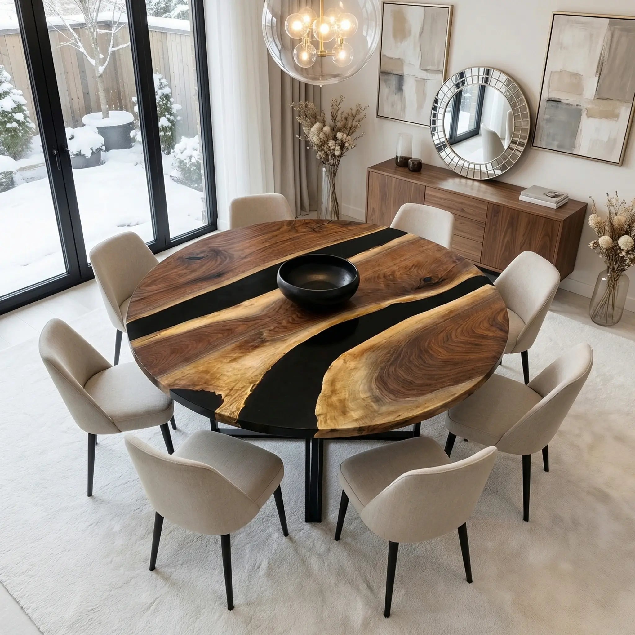 Custom Black Walnut Epoxy Resin Round Coffee Table Black Resin