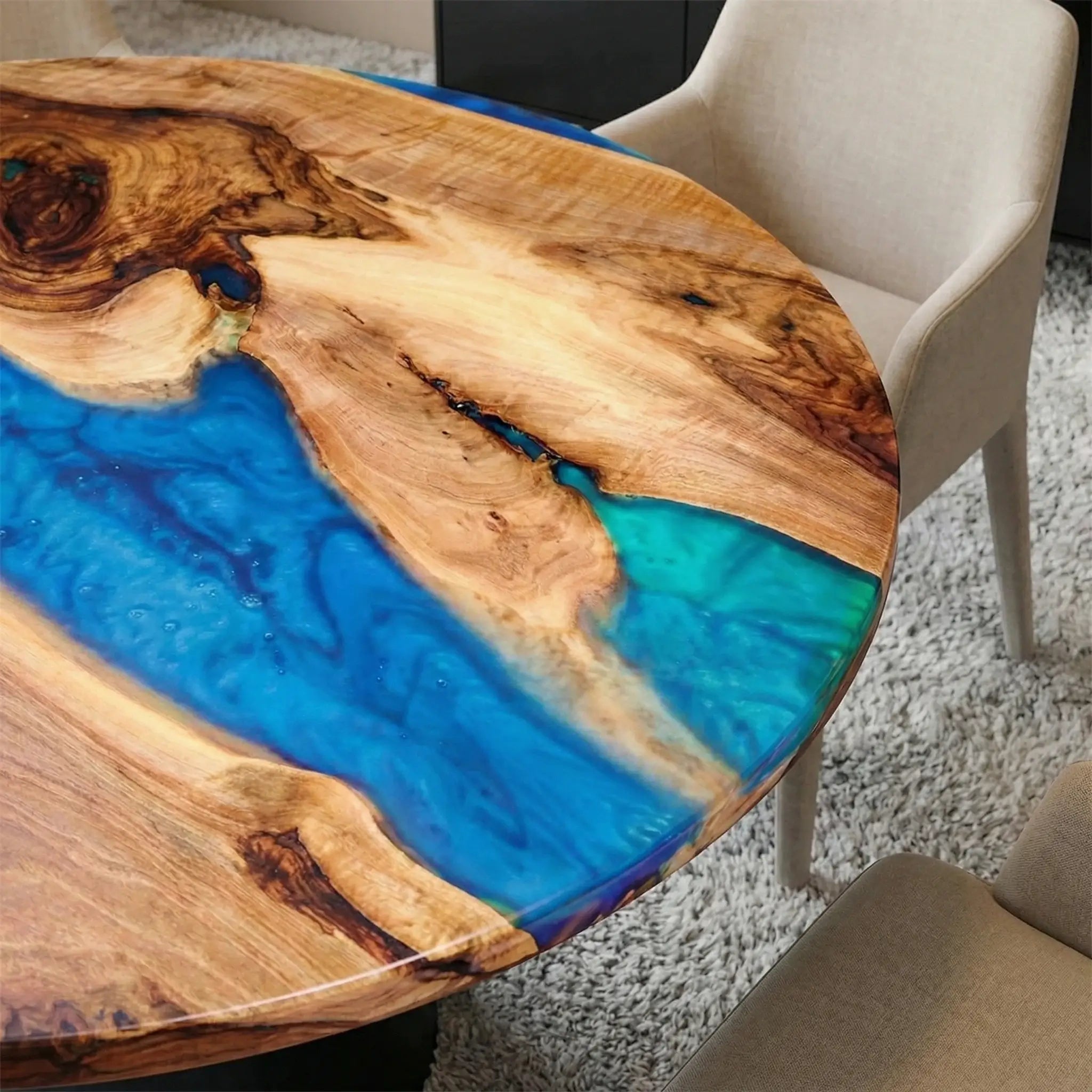 Custom Black Walnut Epoxy Resin Round Coffee Table Blue Green Waves